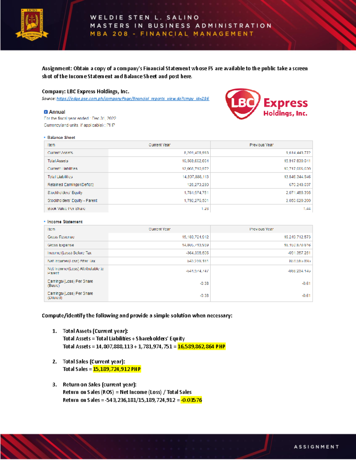 Assignment 1 Fin Man Salino - Assignment: Obtain a copy of a company's ...