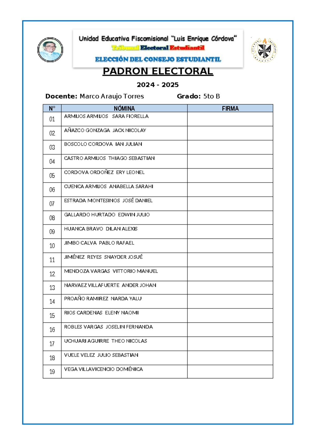 Padrón Electoral PADRÓN ELECTORAL 2024 2025 Docente Marco Araujo