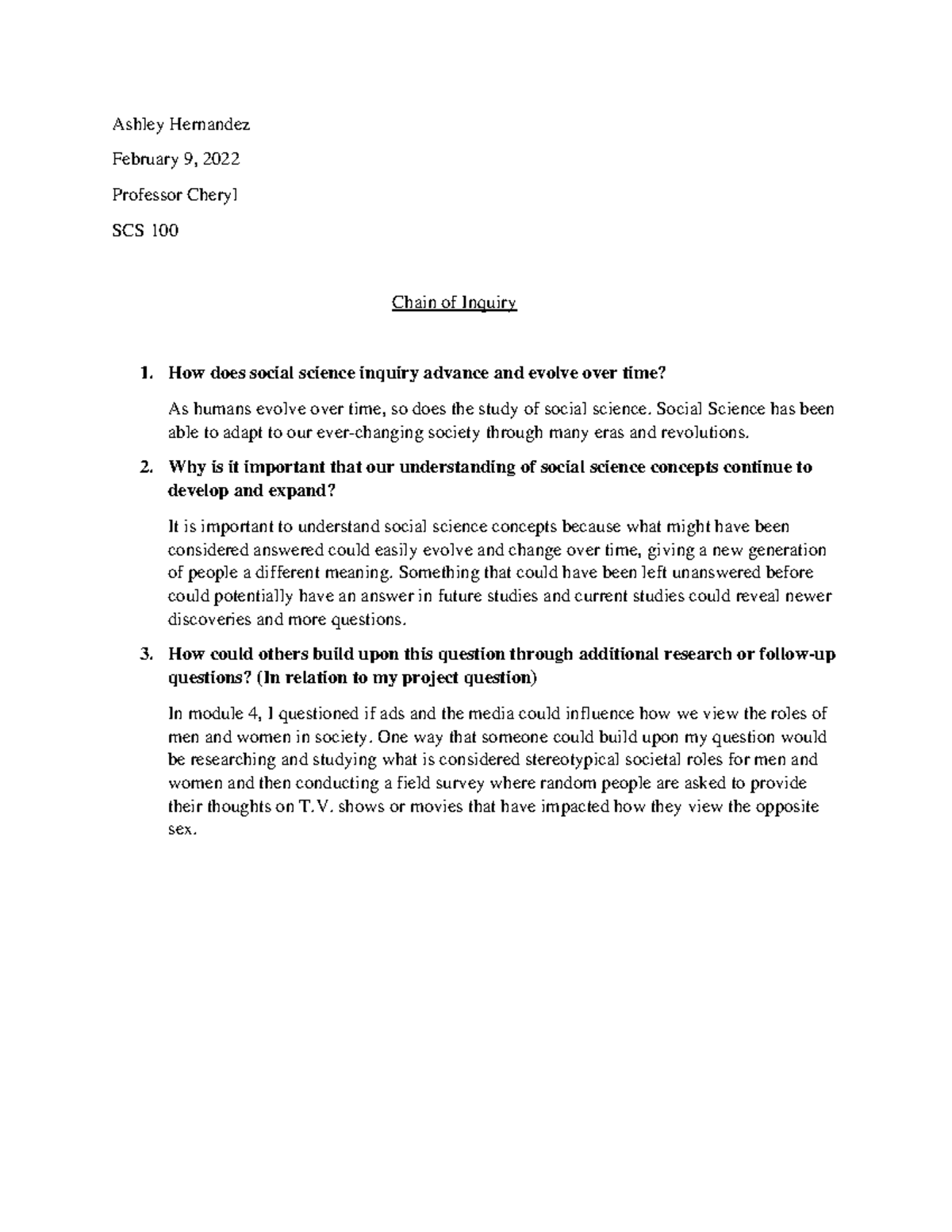 SCS 100 Chain of Inquiry - How does social science inquiry advance and ...