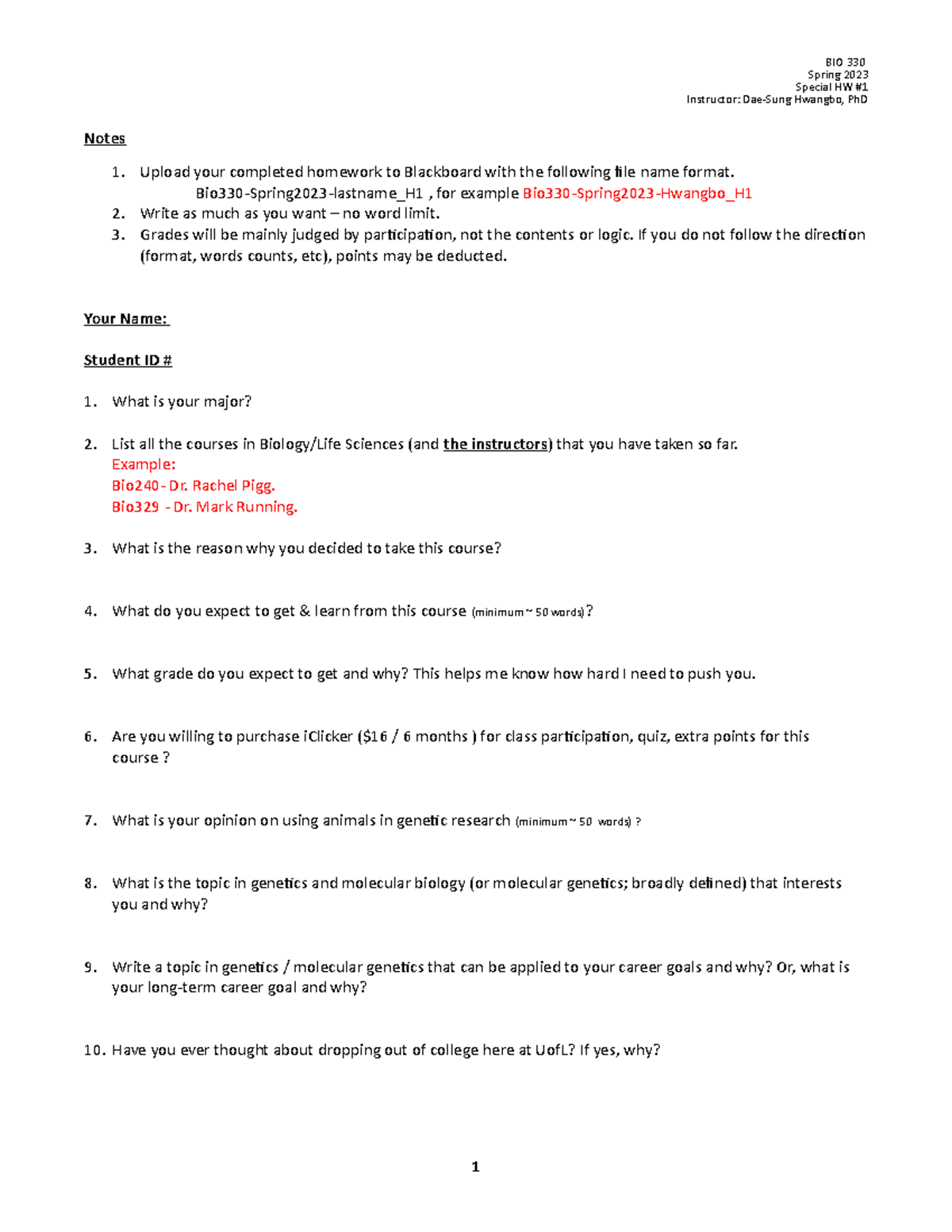 Special HW 1-Bio330 - DIY Homework - BIO 330 Spring 2023 Special HW ...