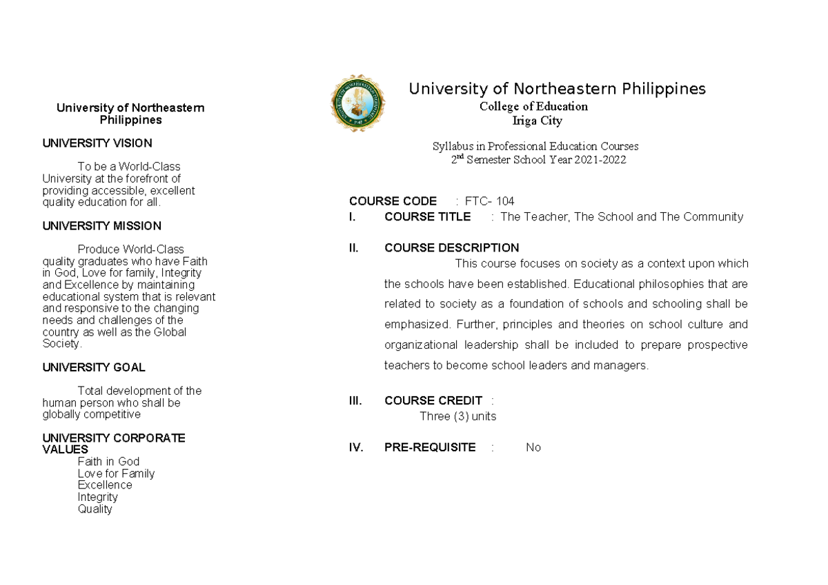 FTC 101 Syllabus' - This is used for the reference on the subject ...