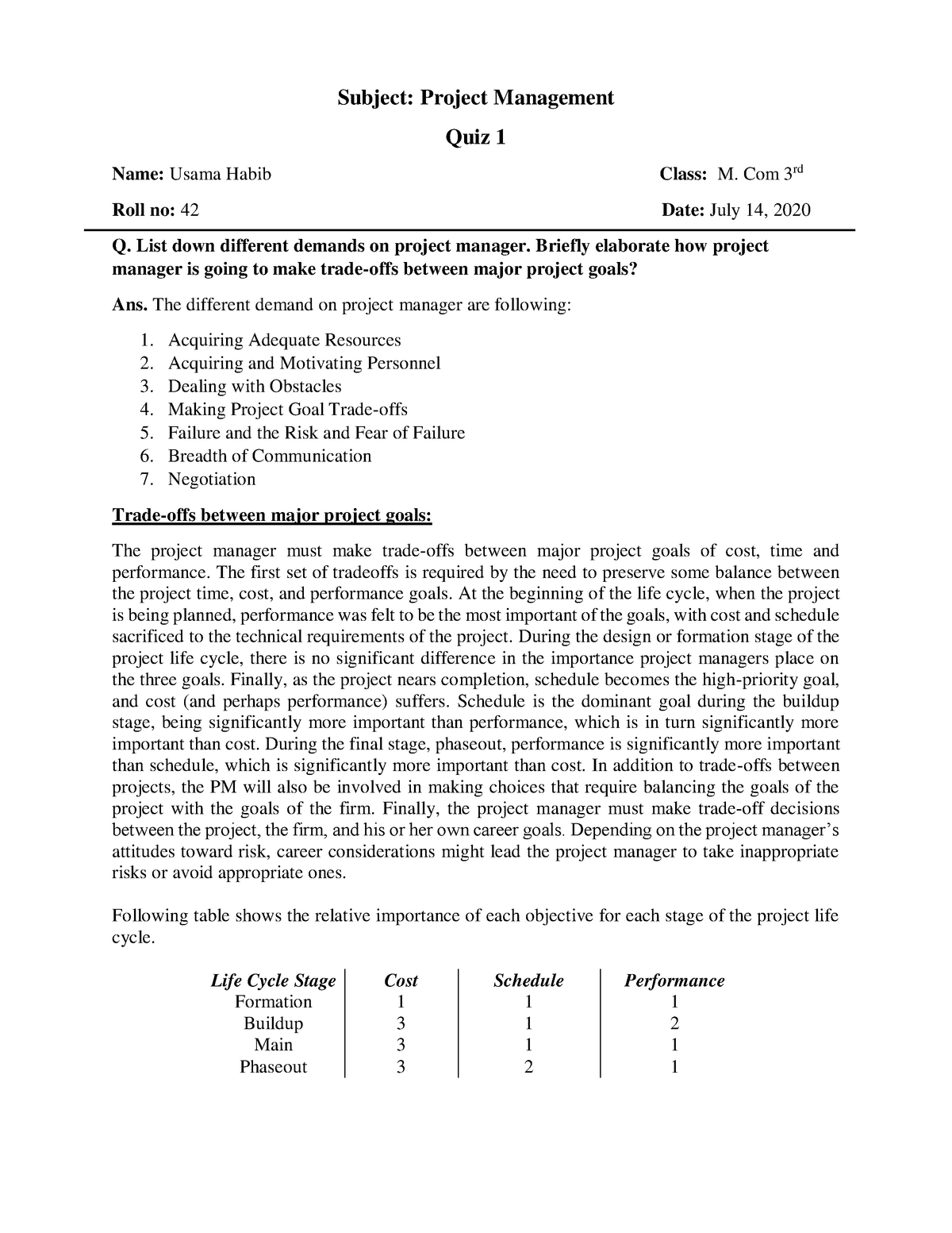 Quiz 1 Project Management- M.Com 3rd - Subject: Project Management Quiz ...