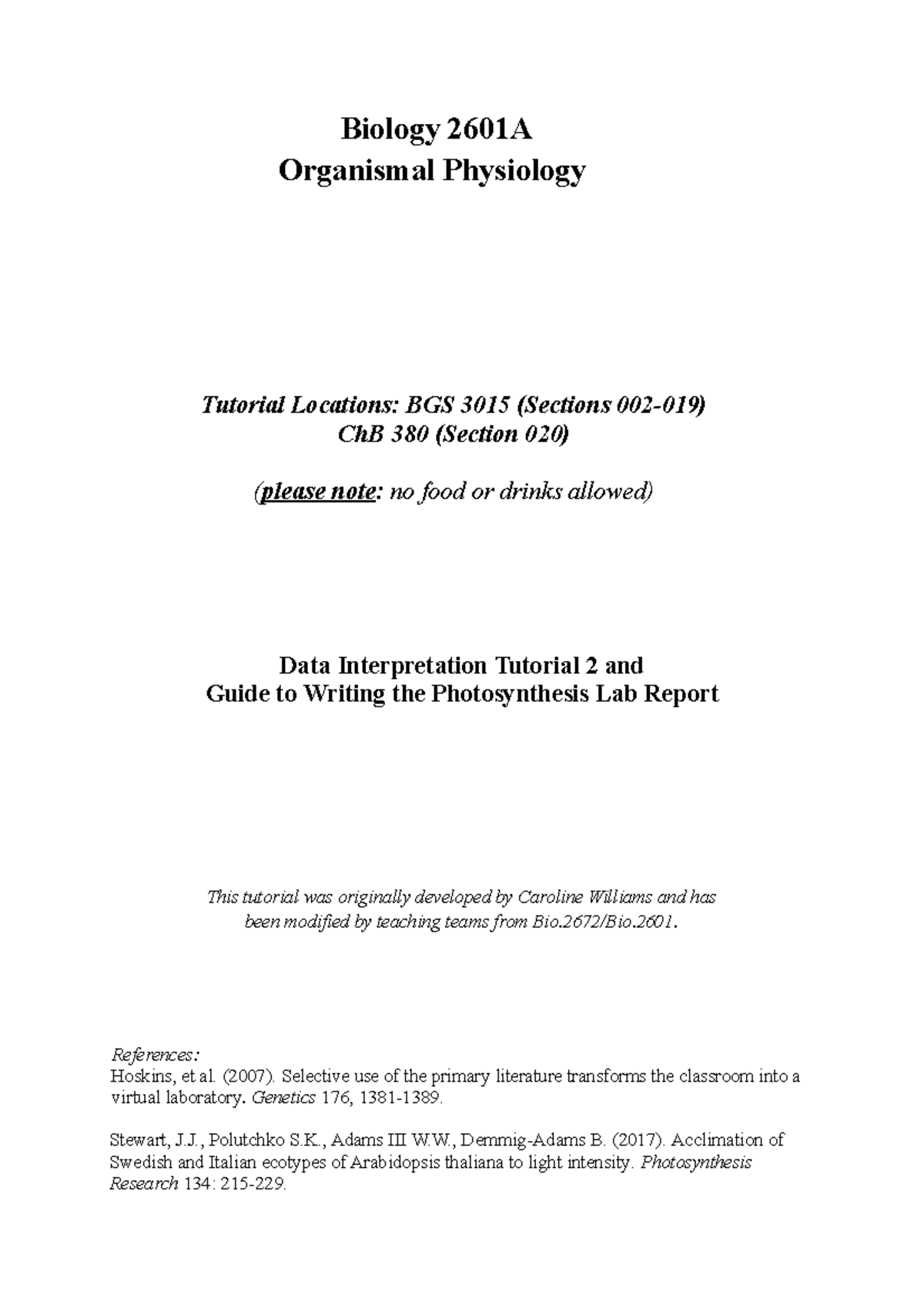 Photosynthesis Lab Tutorial Worksheet Biology 2601A Organismal