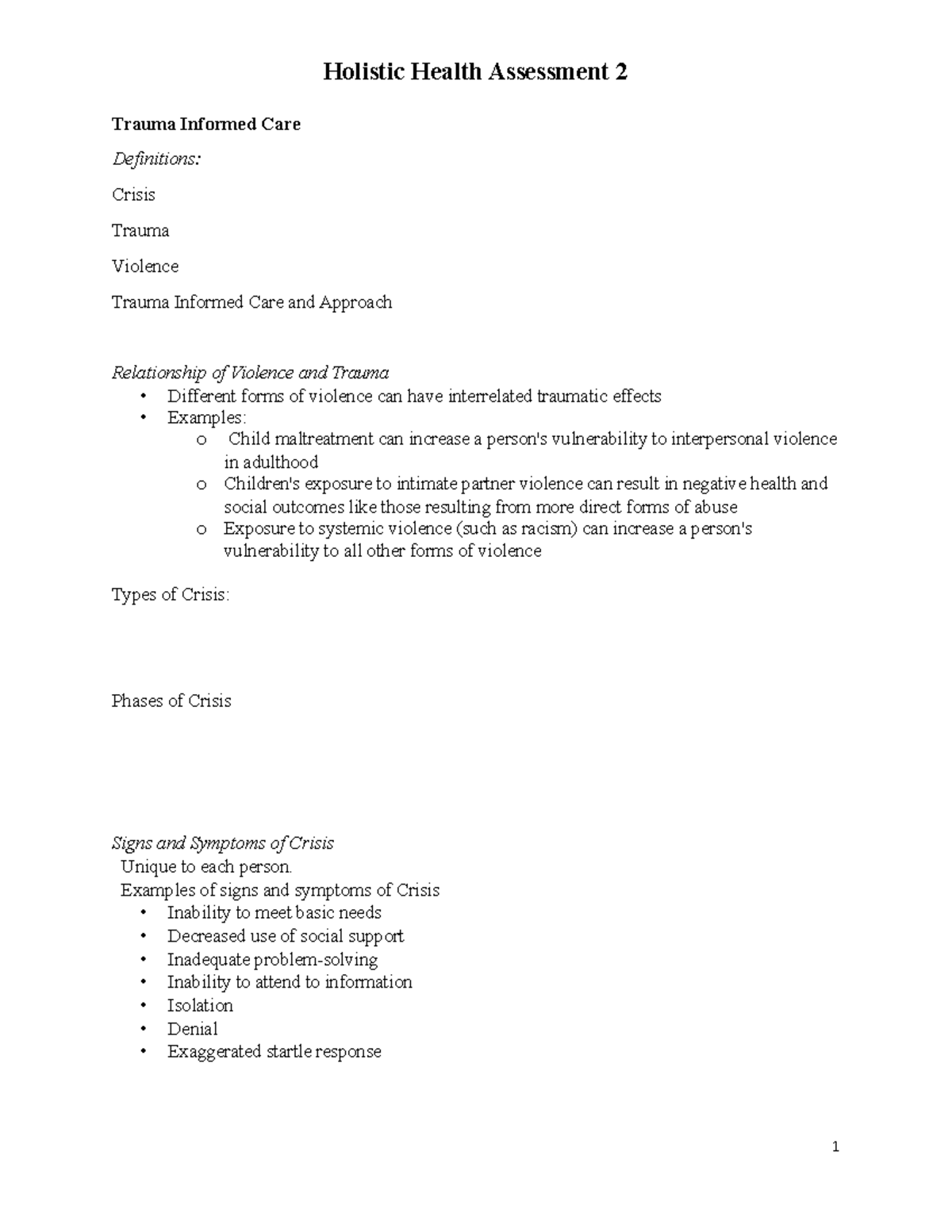 Holistic Health Final Exam - Trauma Informed Care Definitions: Crisis ...