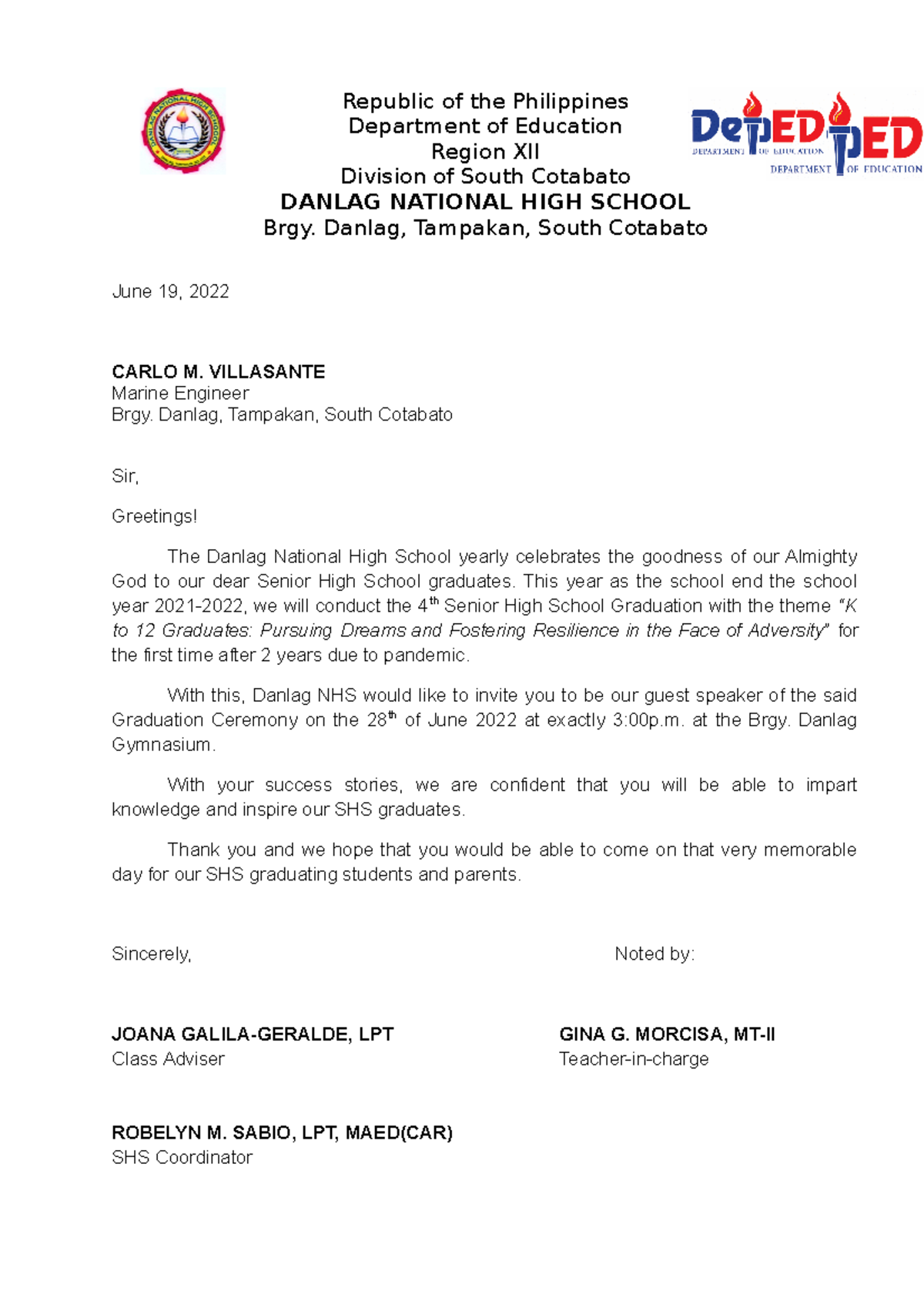 Letter Guest Speaker Republic of the Philippines Department of