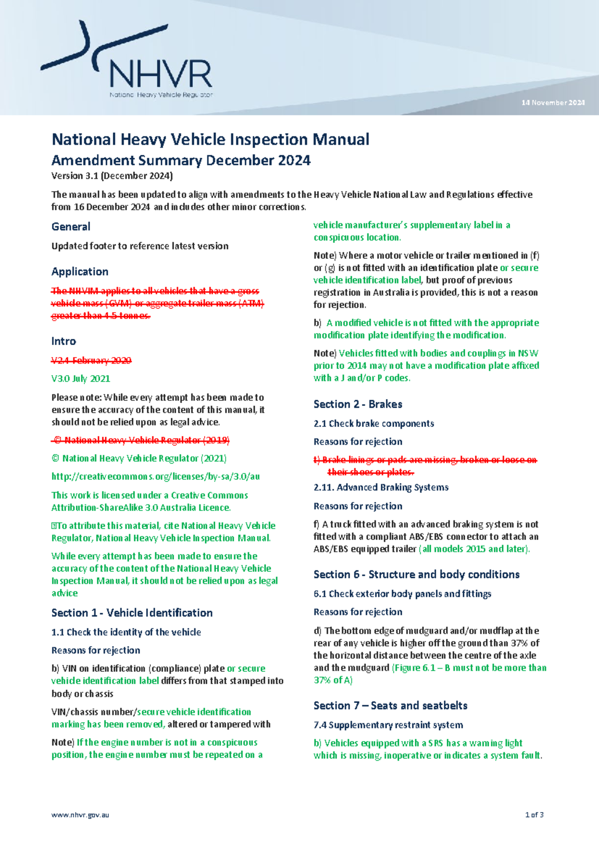 Nhvim amendment summary v3 1 - nhvr.gov 1 of 3 14 November 2024 ...