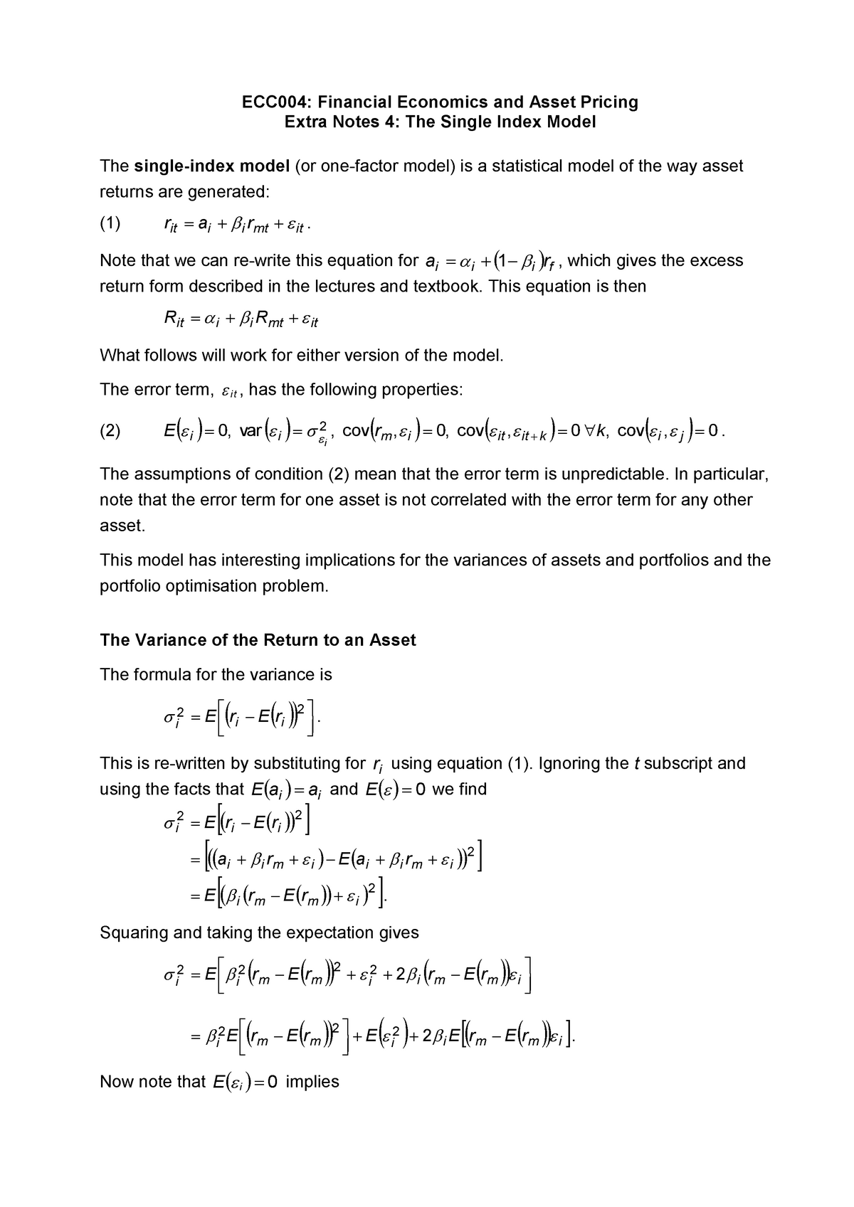 Extra Notes 4 The Single Index Model Studocu