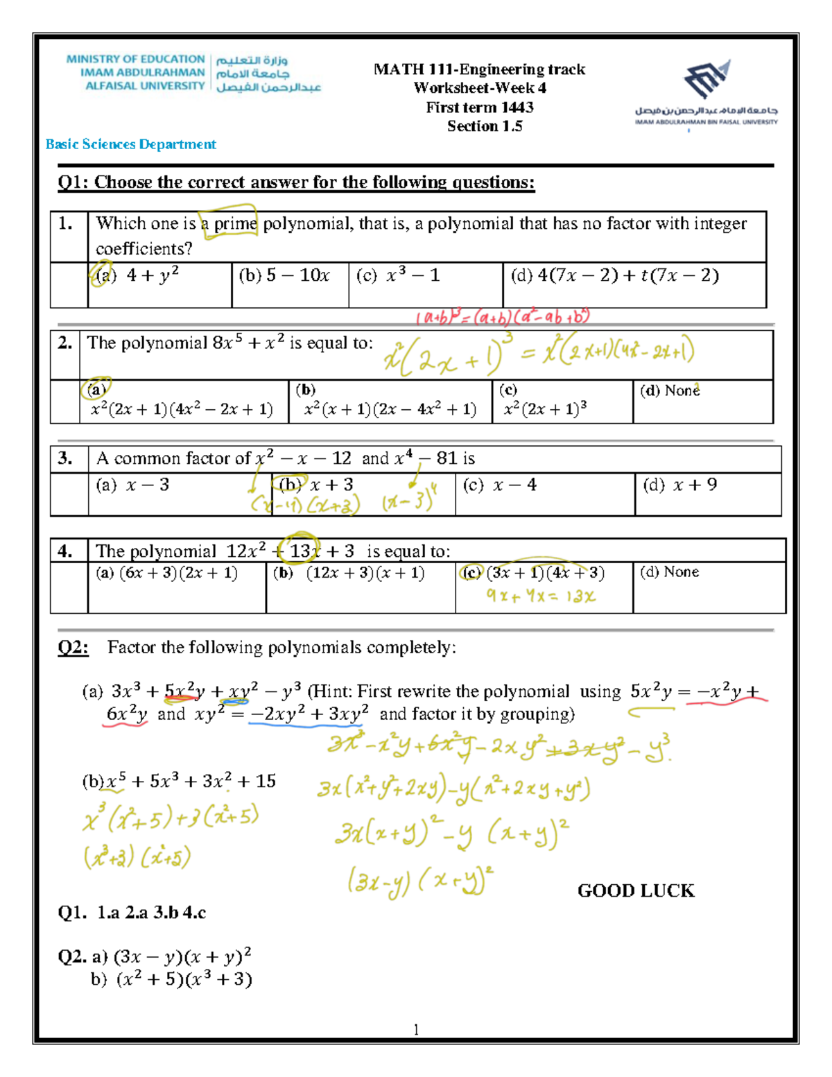 Worksheet 4 sec1 - Practice questions - 1 MATH 111-Engineering track ...