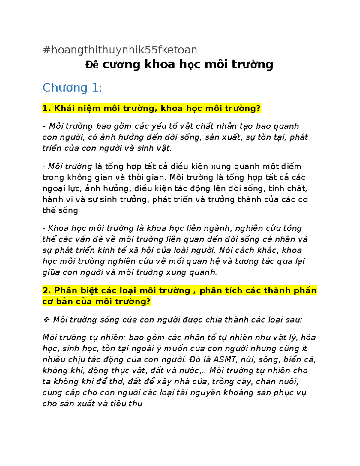Đề cương khoa học môi trường - #hoangthithuynhik55fketoan Đềề cương khoa học môi trường Chương 1: 1. - Studocu