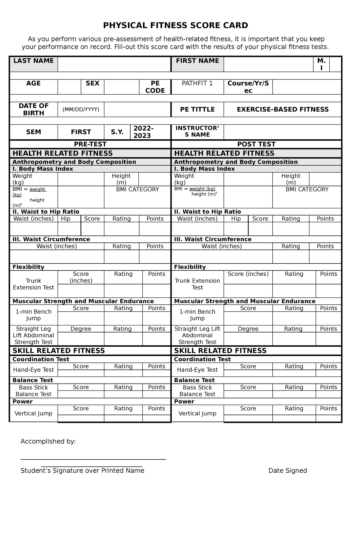 Pft Score Card Pe Score Board Physical Fitness Score Card As You Perform Various Pre 4444