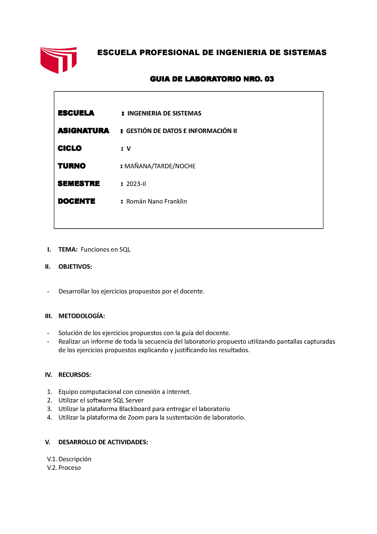 Guia De Laboratorio N°3 Escuela Profesional De Ingenieria De Sistemas Guia De Laboratorio Nro 0218