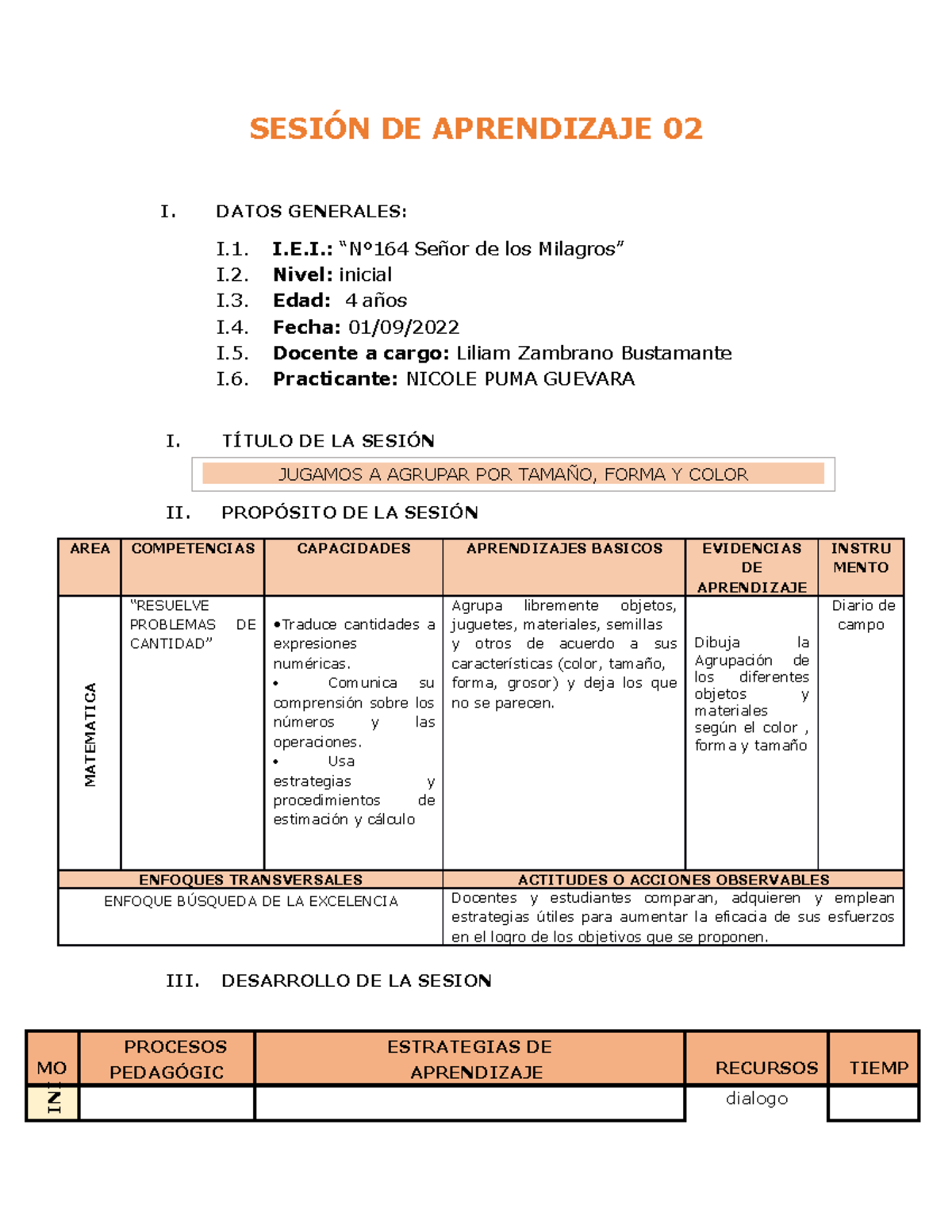 Sesion 01 09 2022 Jueves - SESIÓN DE APRENDIZAJE 02 I. DATOS GENERALES ...