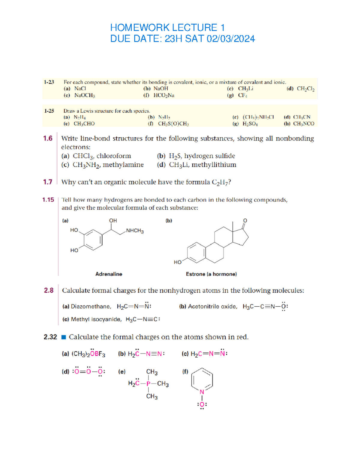 HW1- Lecture 1 - Organic chemistry - Homework Lecture Due date: 23h Sun ...