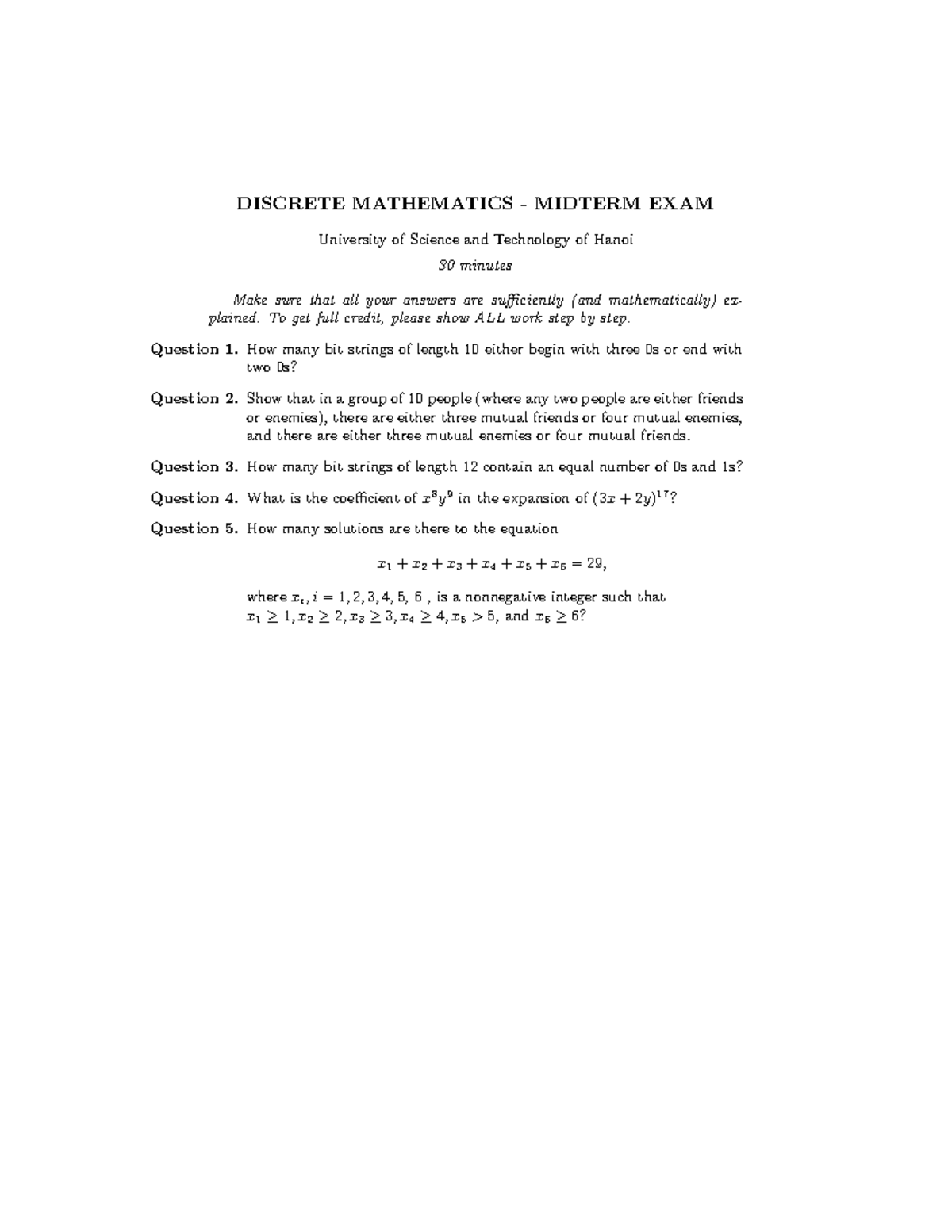 2022 DM USTH Mid Term I - nothing - DISCRETE MATHEMATICS - MIDTERM EXAM ...
