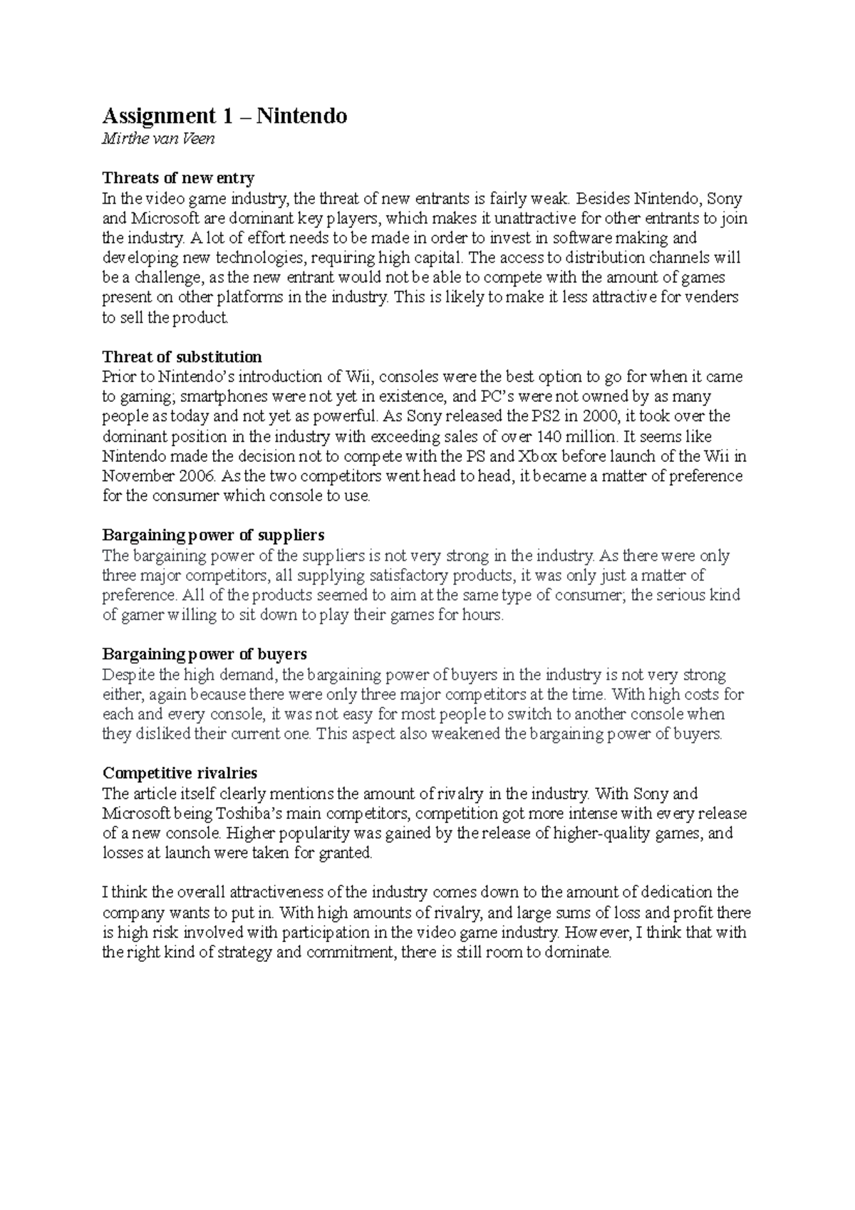 Strategic Management Nintendo Assignment 1 Nintendo Mirthe van