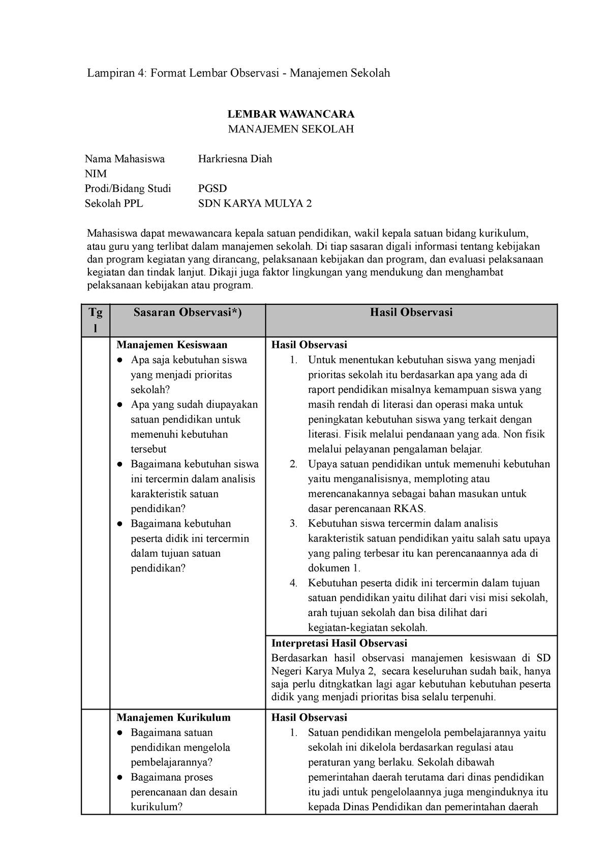 Harkriesna Lampiran 4 Format Lembar Observasi Manajemen Sekolah