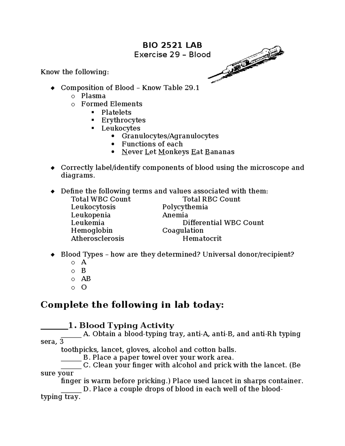 Ex. 29 - Blood - BIO 2521 LAB Exercise 29 – Blood Know the following ...