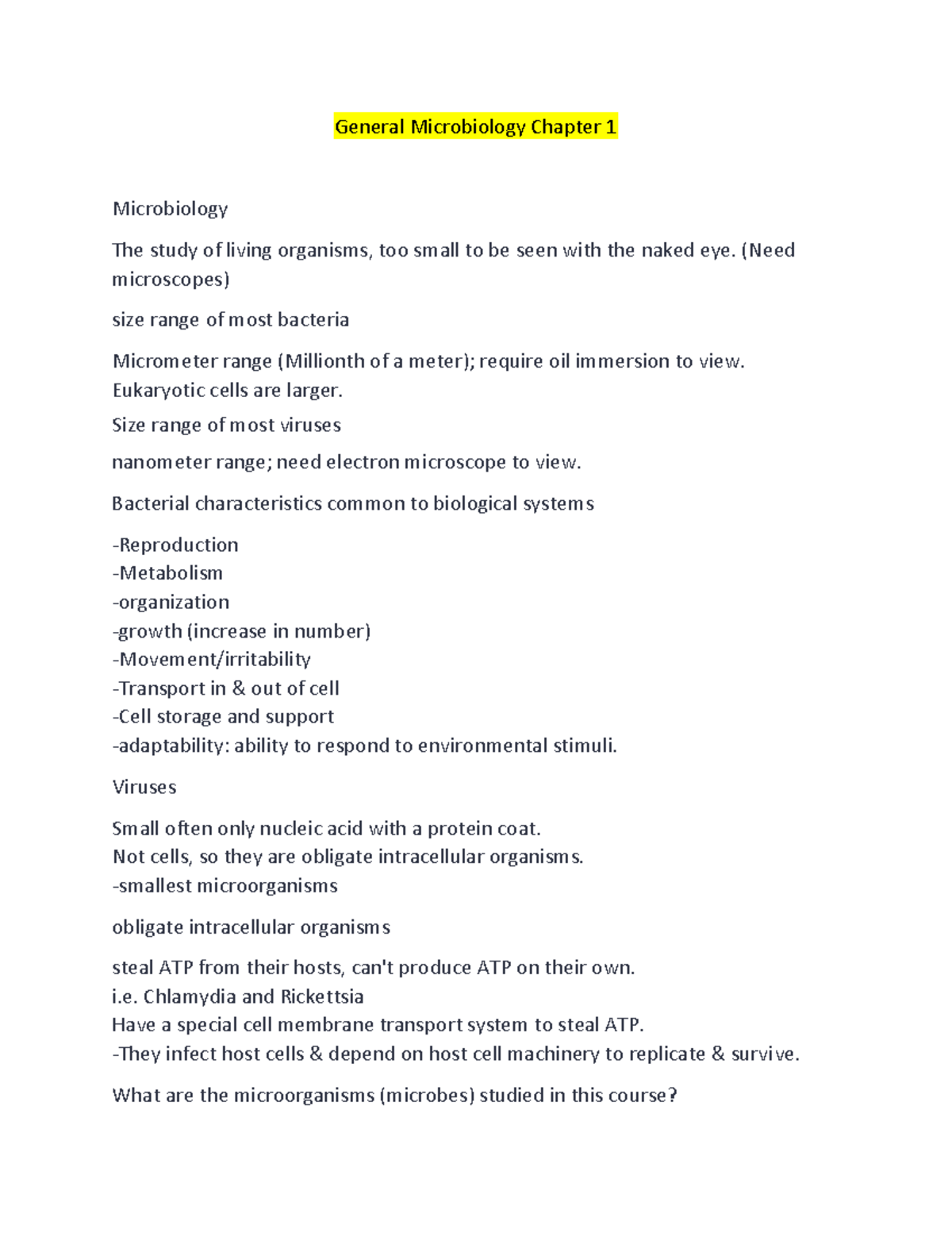 General Microbiology Chapter 1 - (Need microscopes) size range of most ...