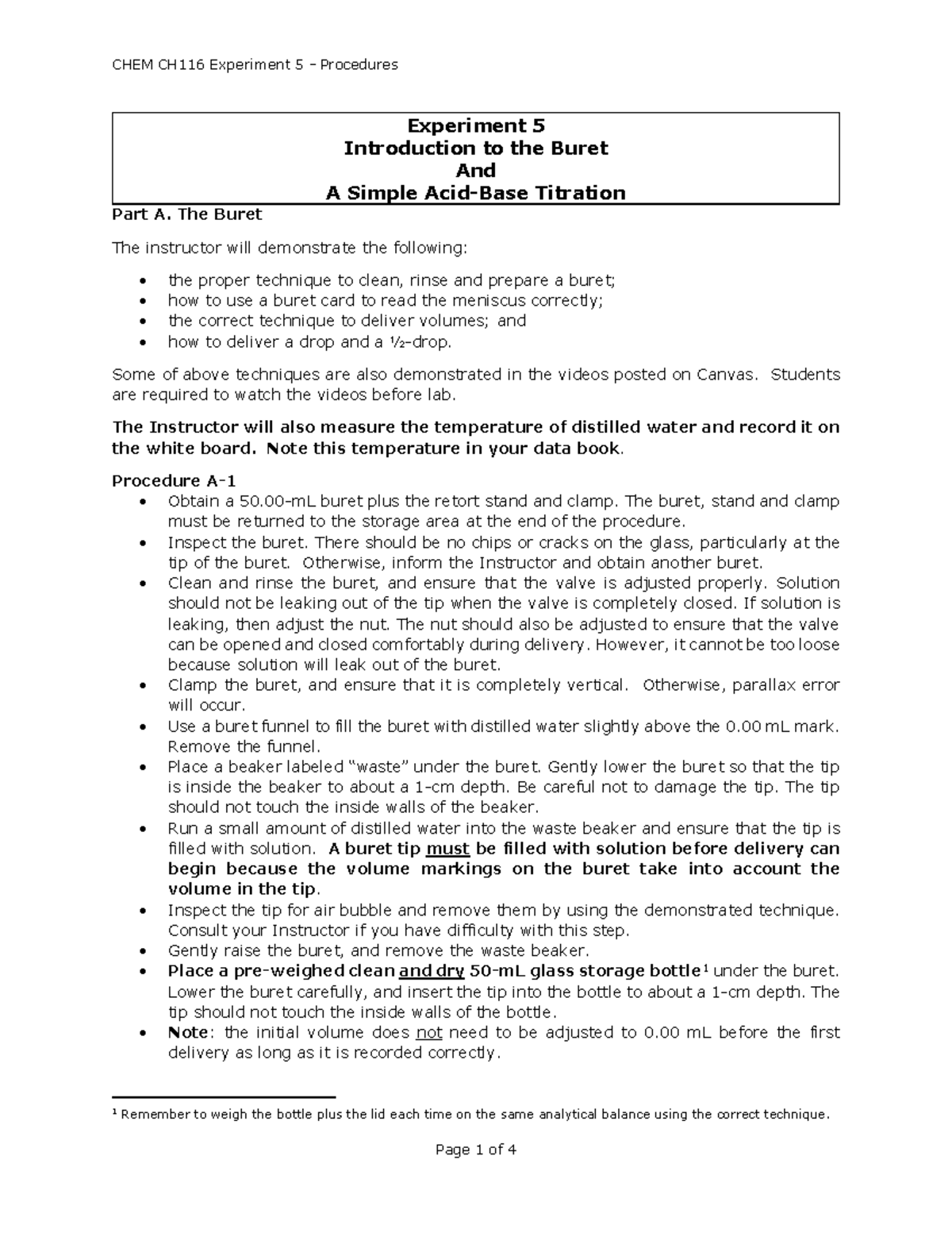 Experiment 5 Introduction to the Buret and a Simple AcidBase