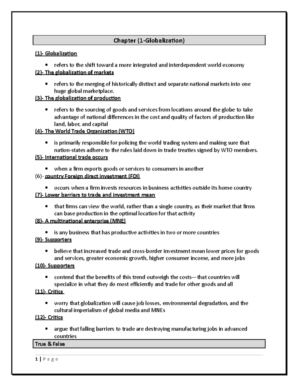 Chapters 1, 2 - Chapter (1-Globalization) (1)- Globalization refers to ...