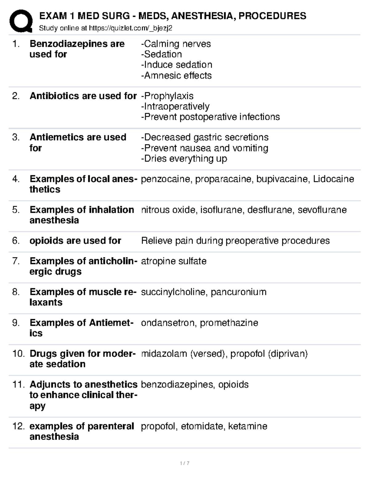 EXAM 1 MED SURG MEDS, Anesthesia, Procedures Study online at