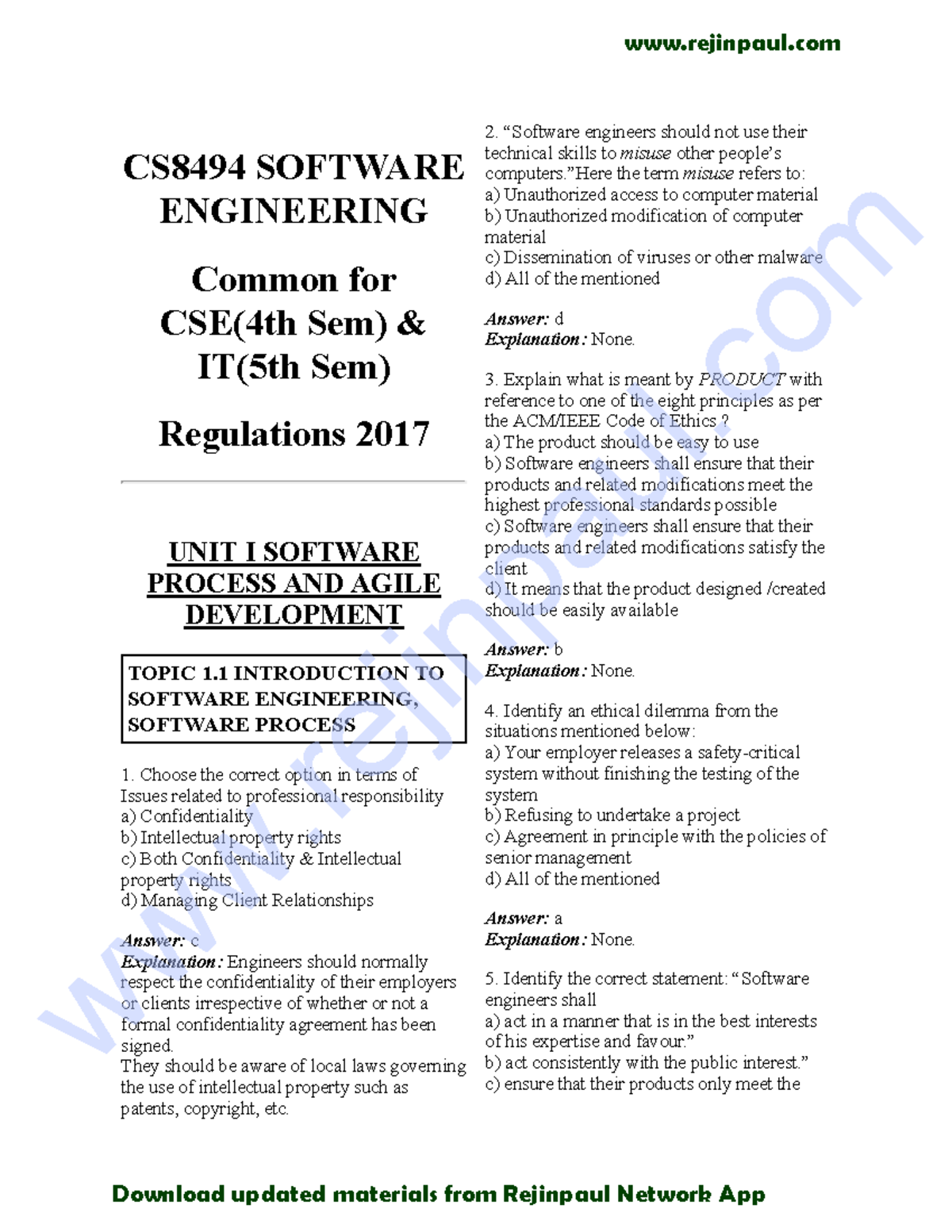 CS8494 Software Engineering MCQ CS8494 SOFTWARE ENGINEERING Common