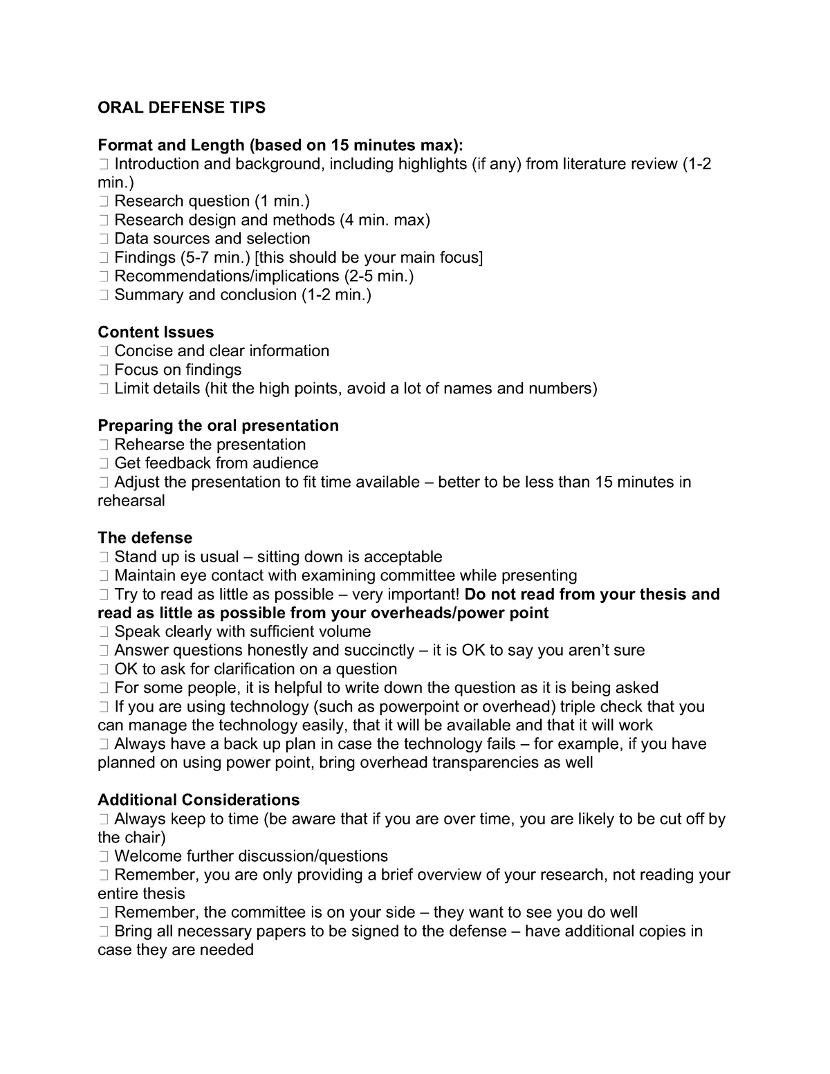 Oral Defense Tips Oral Defense Tips Format And Length Based On 15