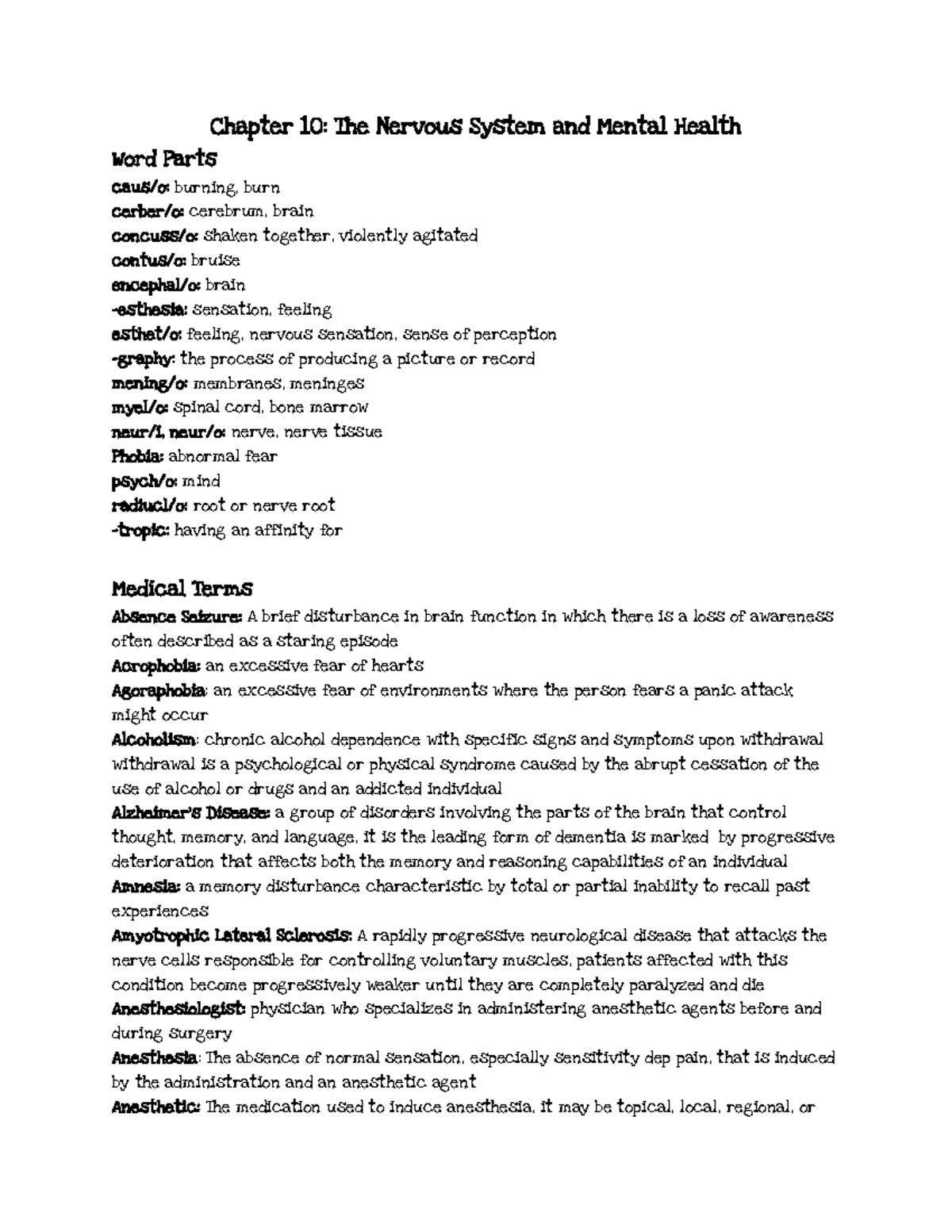 Chapter 10 Words Chapter 10 The Nervous System And Mental Health