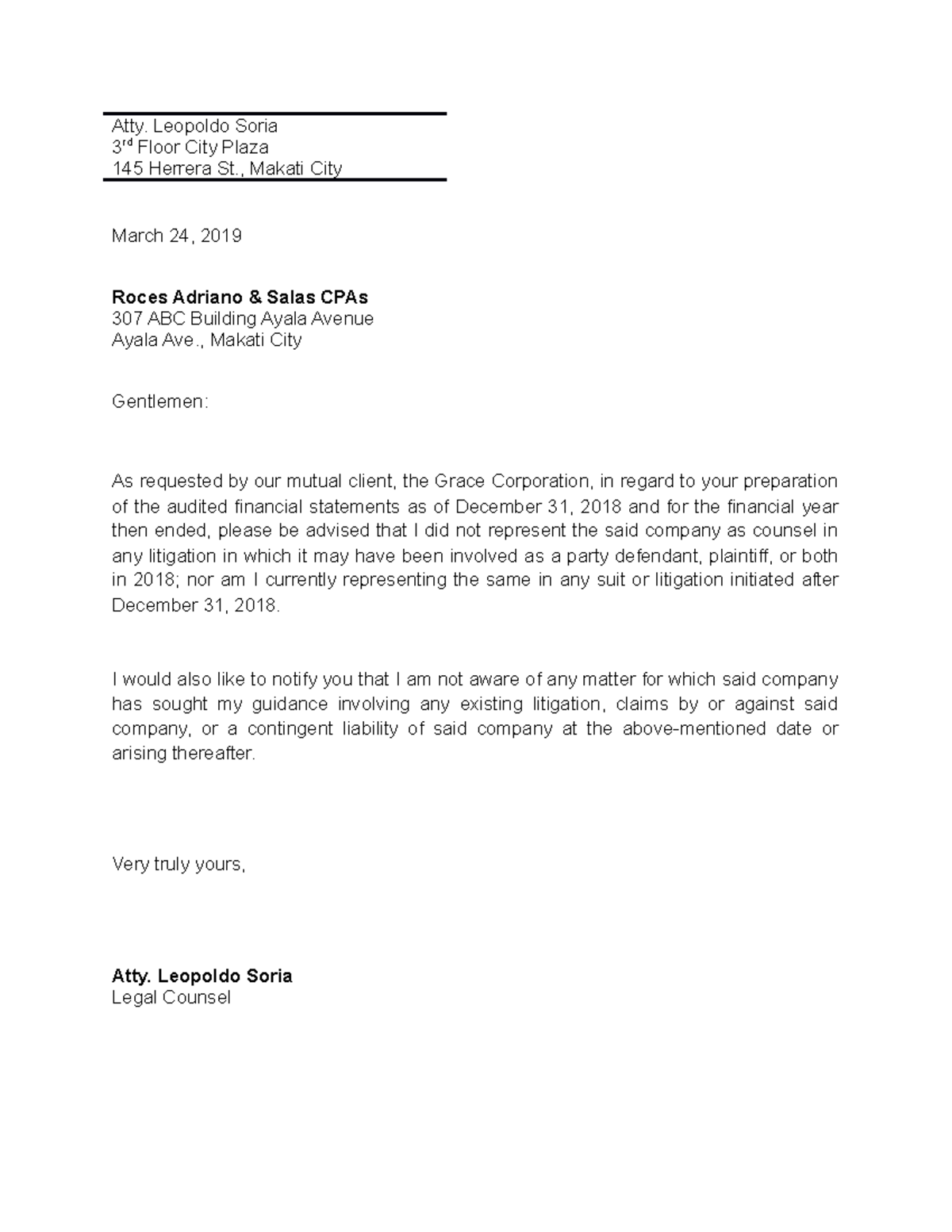 Confirmation letter - Grace Corp - Atty. Leopoldo Soria 3 rd Floor City ...