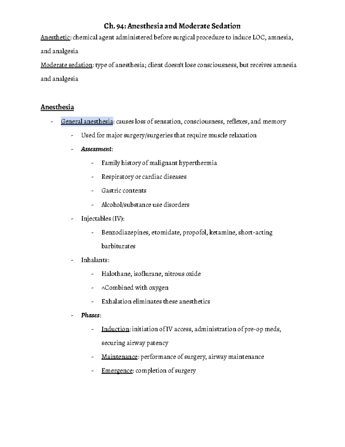 N120 Midterm Notes - Ch. 94: Anesthesia and Moderate Sedation ...