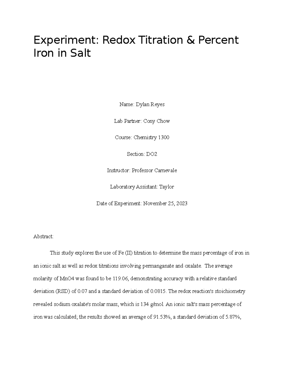 Redox Titration ^0 Percent Iron in a Salt Experiment Redox Titration