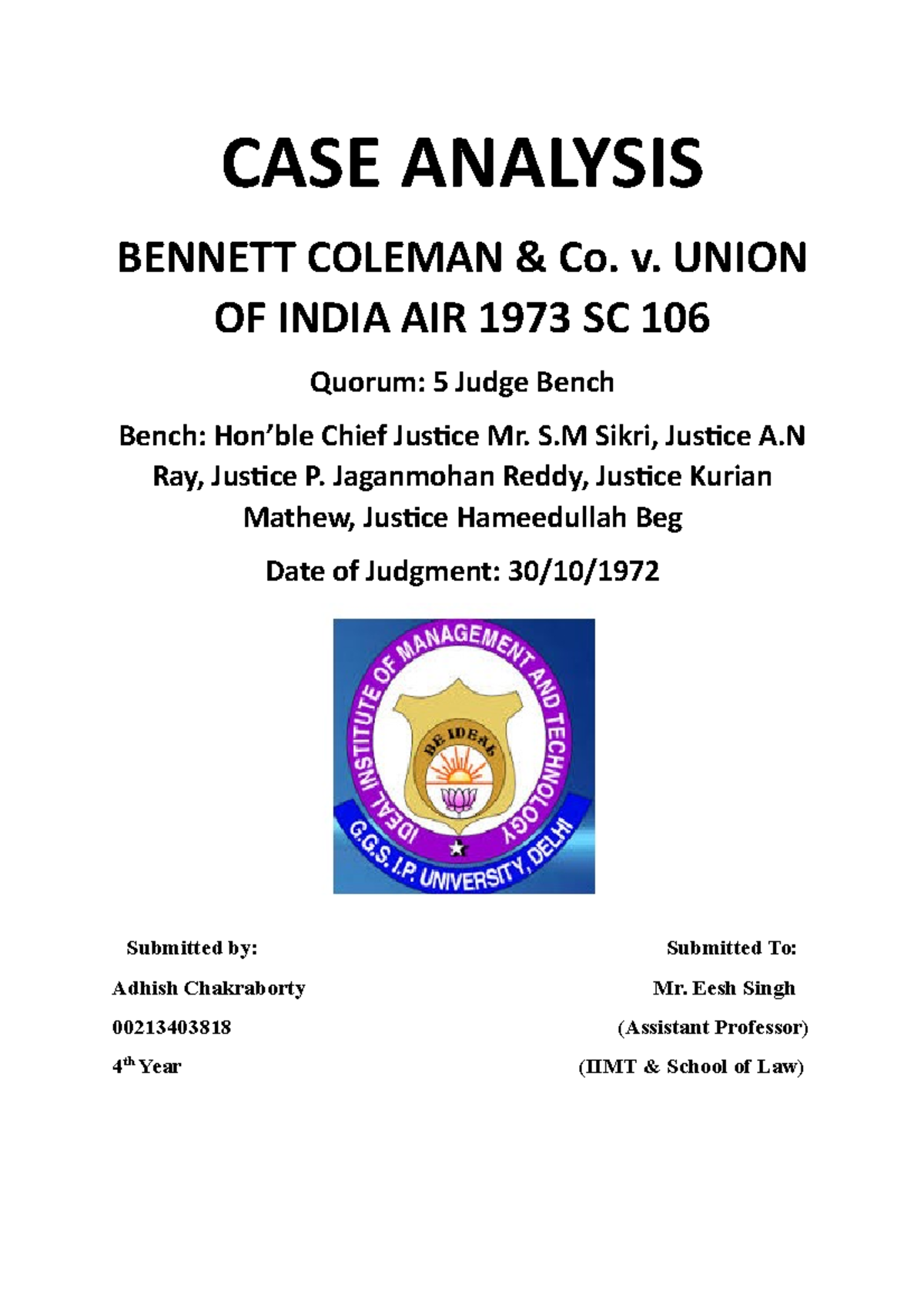 Coleman & Co. v. Union of India CASE ANALYSIS COLEMAN