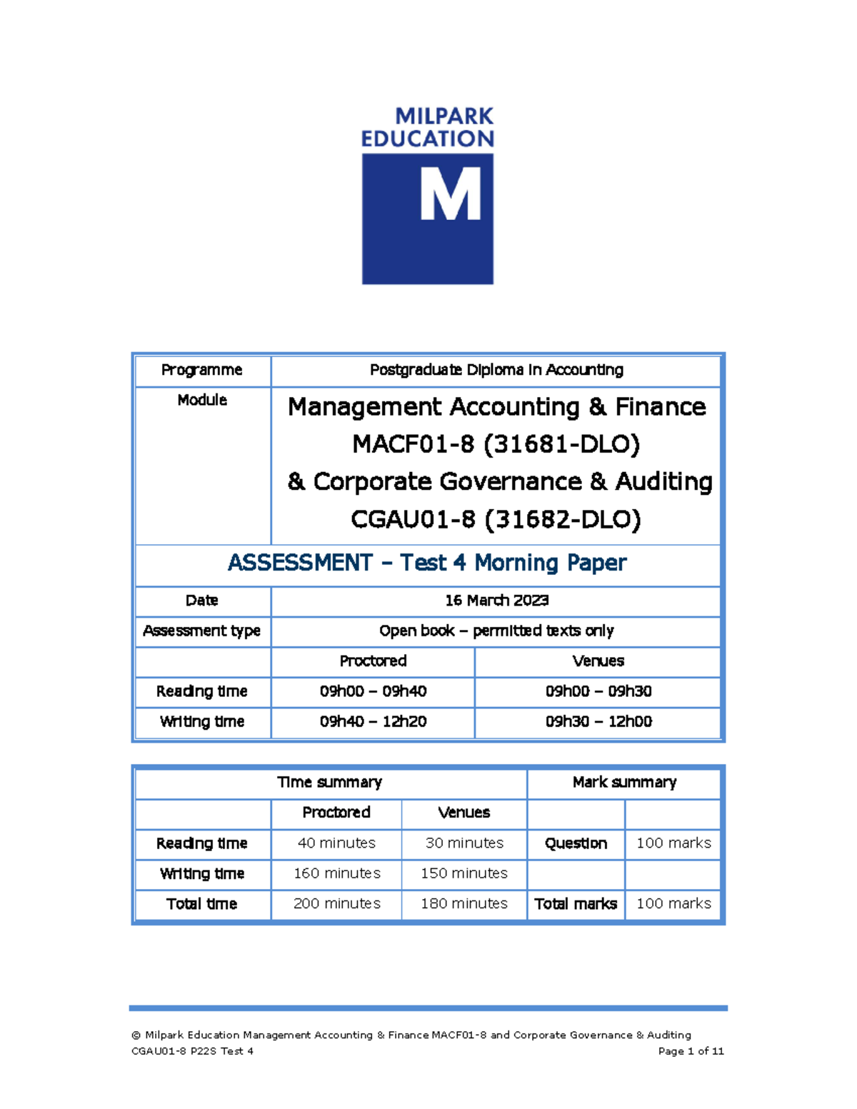 P22S T4 Scenario - © Milpark Education Management Accounting & Finance ...
