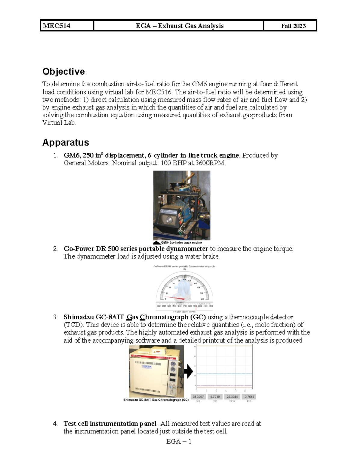 MEC514Exhaust Gas AnalysisF23 Fall 2022 EGA 1 MEC514 EGA