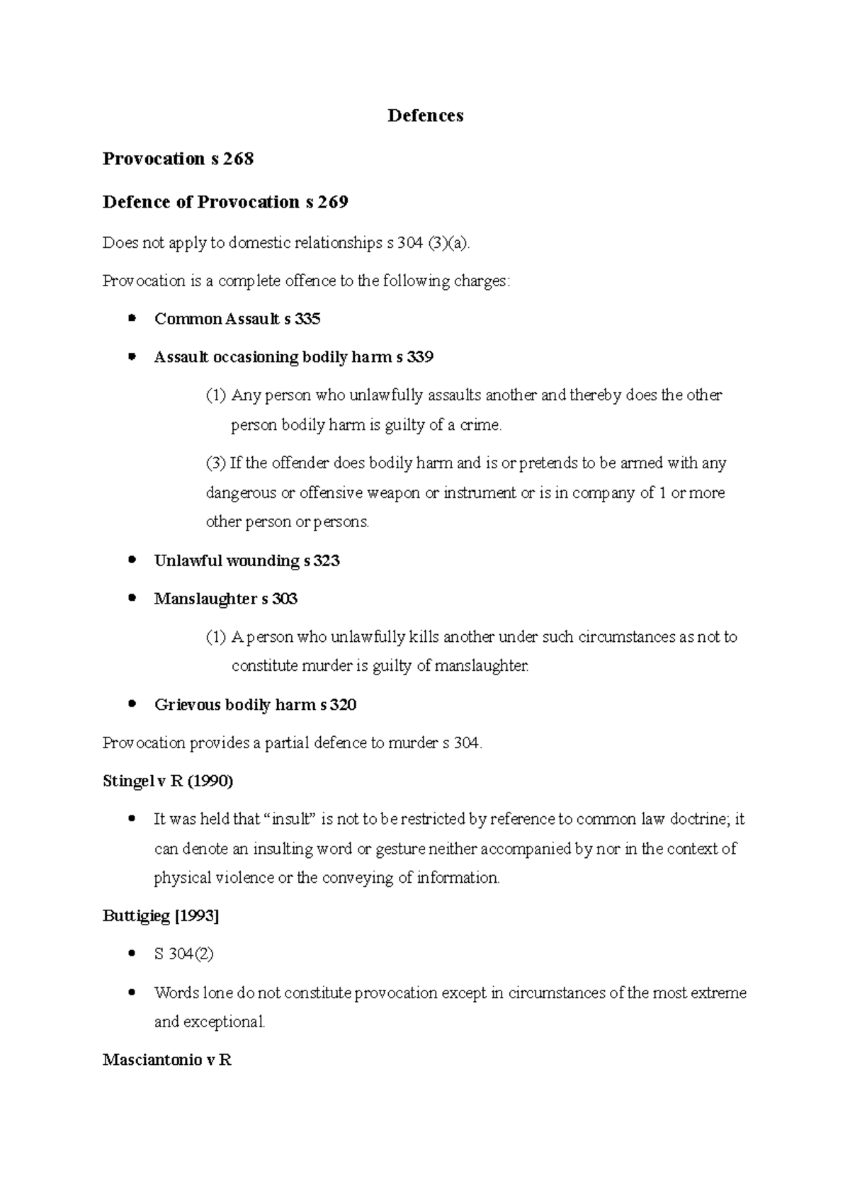 Exam Prep - Defences Provocation s 268 Defence of Provocation s 269 ...