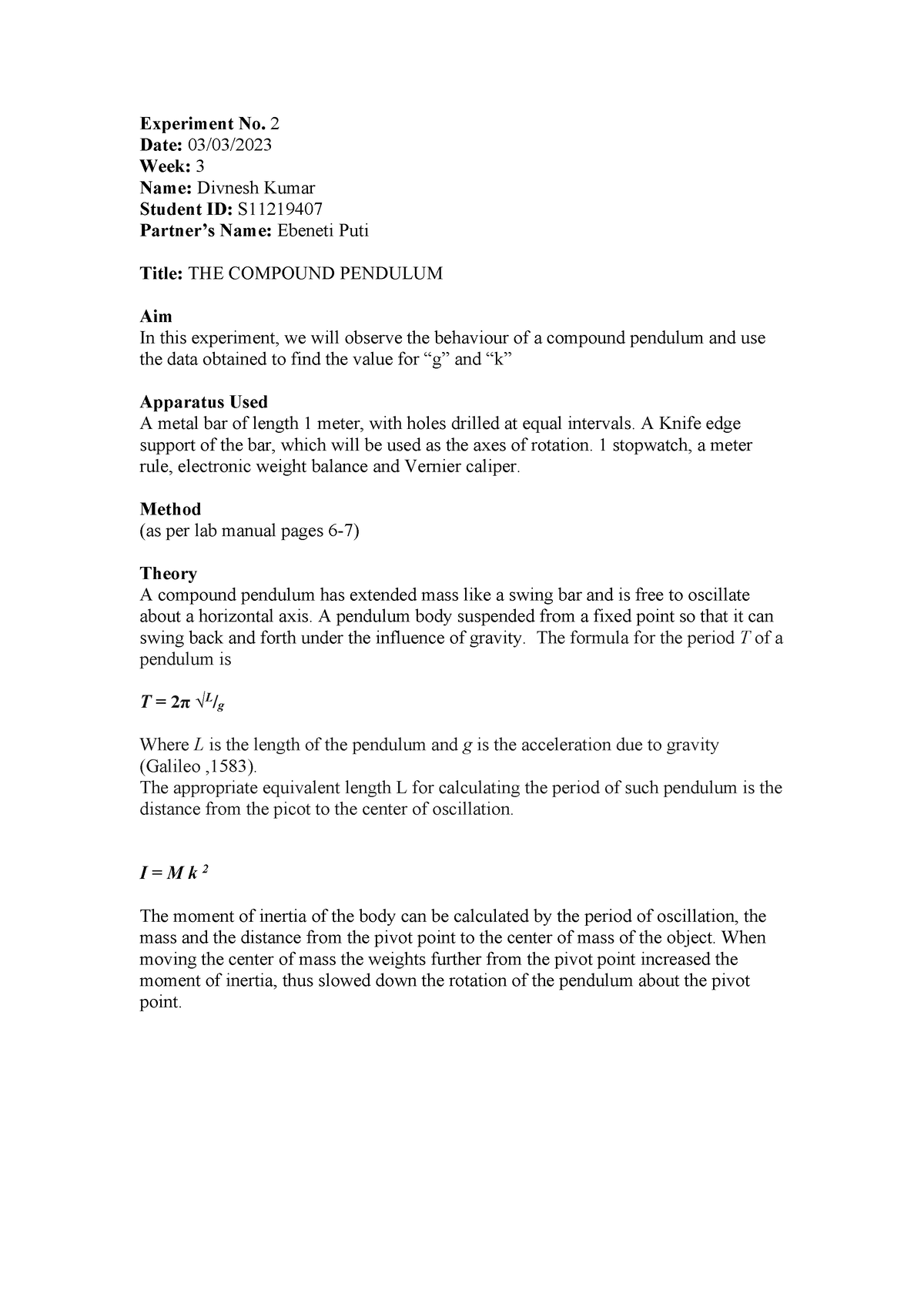 compound pendulum experiment lab report pdf