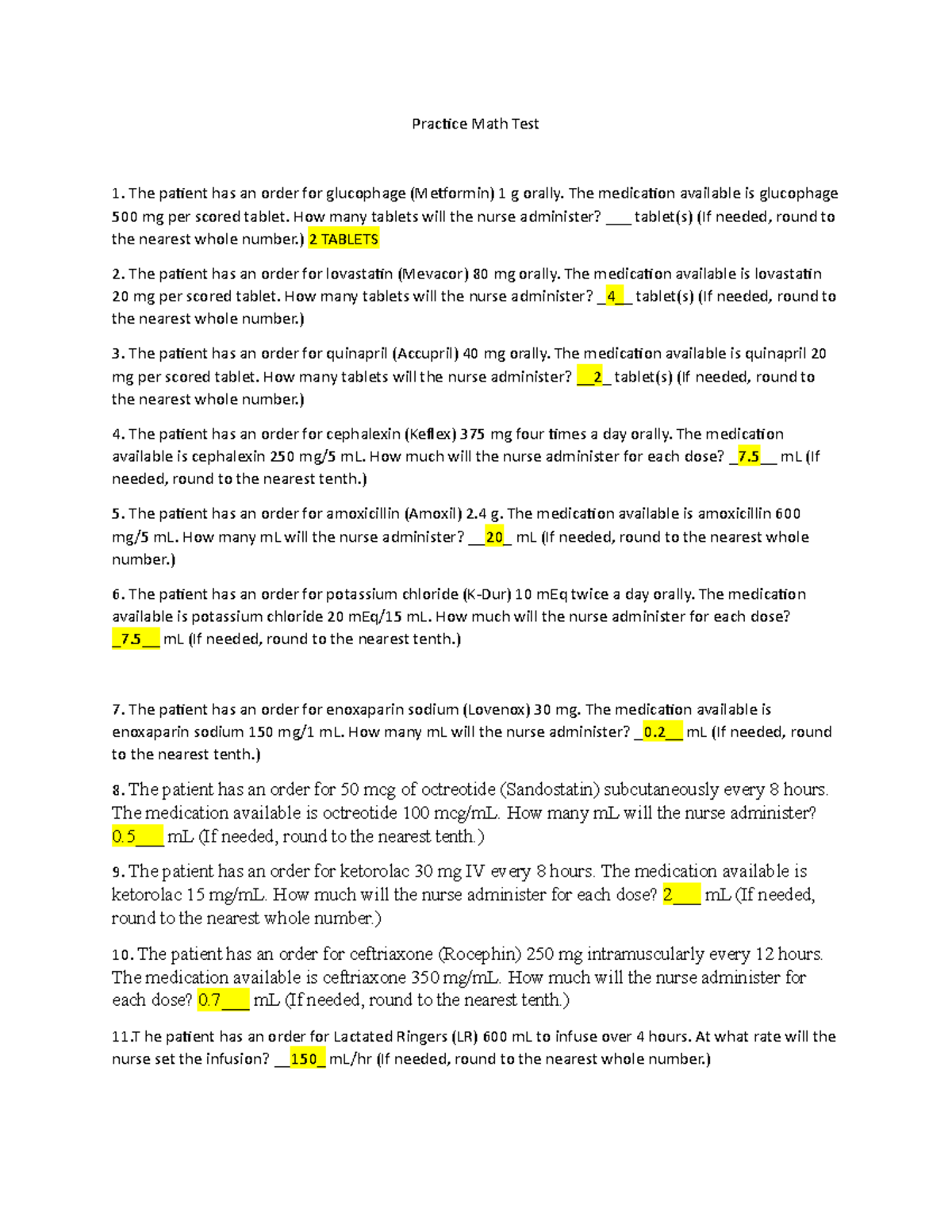 Practice Math Test with answers (1) - Practice Math Test The patient ...