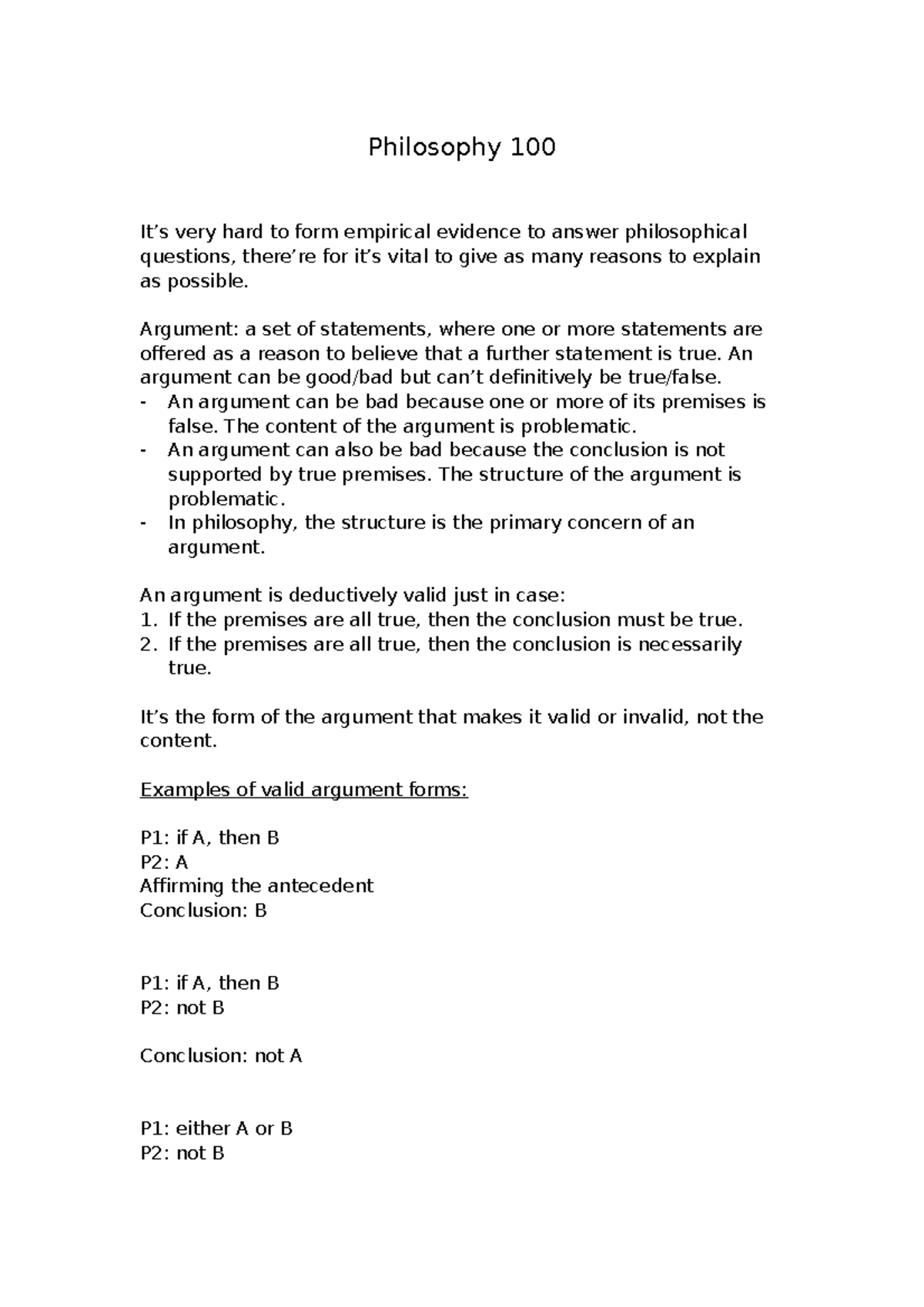 Philosophy 101 Notes - Philosophy 100 It’s very hard to form empirical ...