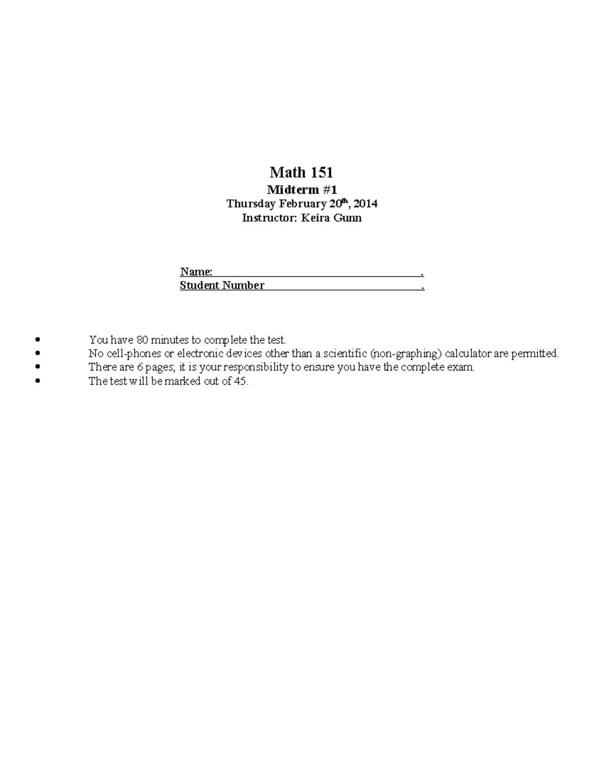 151 M1 winter 2014 - test - Math 151 Midterm Thursday February 20th ...