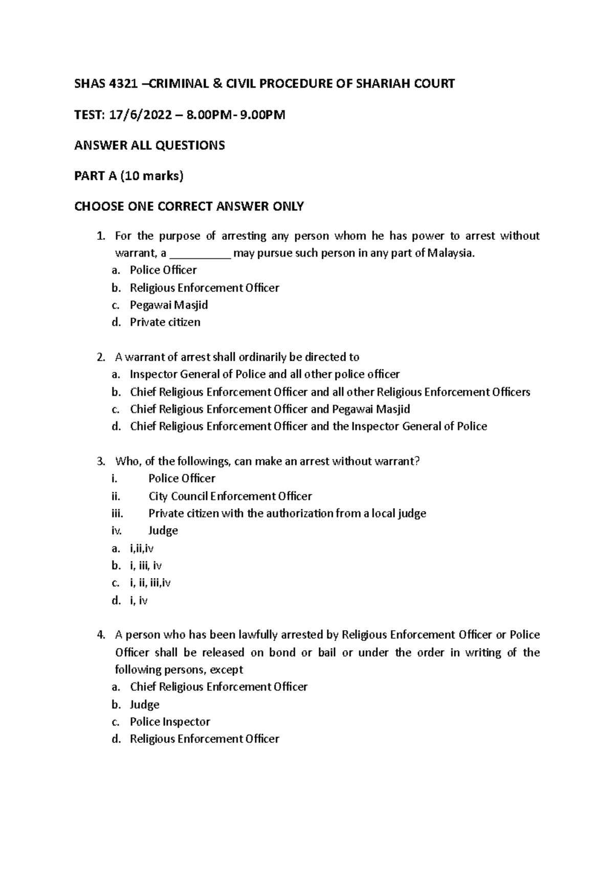 S4321test cp sample Question civil procedure test 2022 SHAS 4321 CRIMINAL & CIVIL Studocu