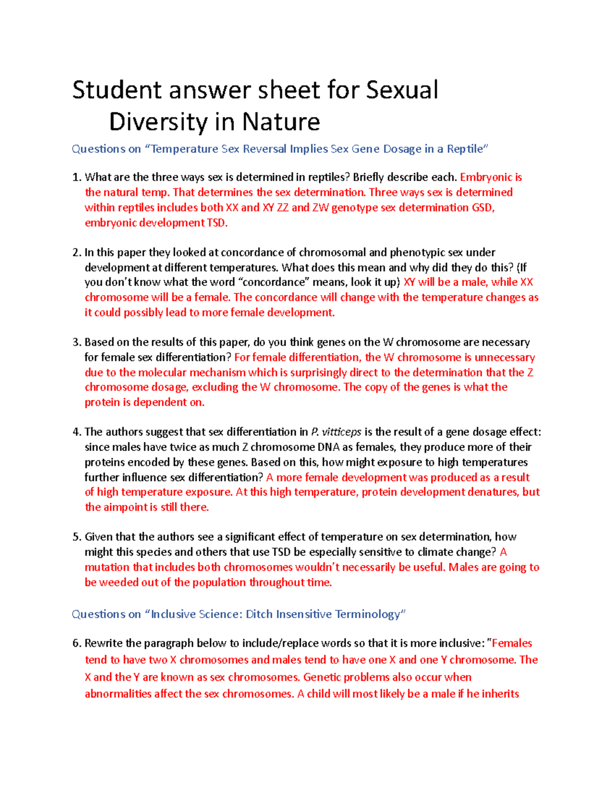 Sexual diversity in nature - Tagged - Student answer sheet for Sexual  Diversity in Nature Questions - Studocu