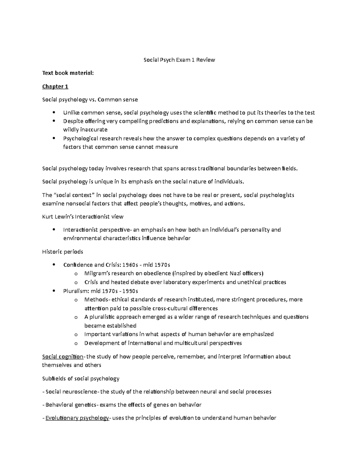 Exam 1 Review - Lecture notes 1-5 - Social Psych Exam 1 Review Text ...