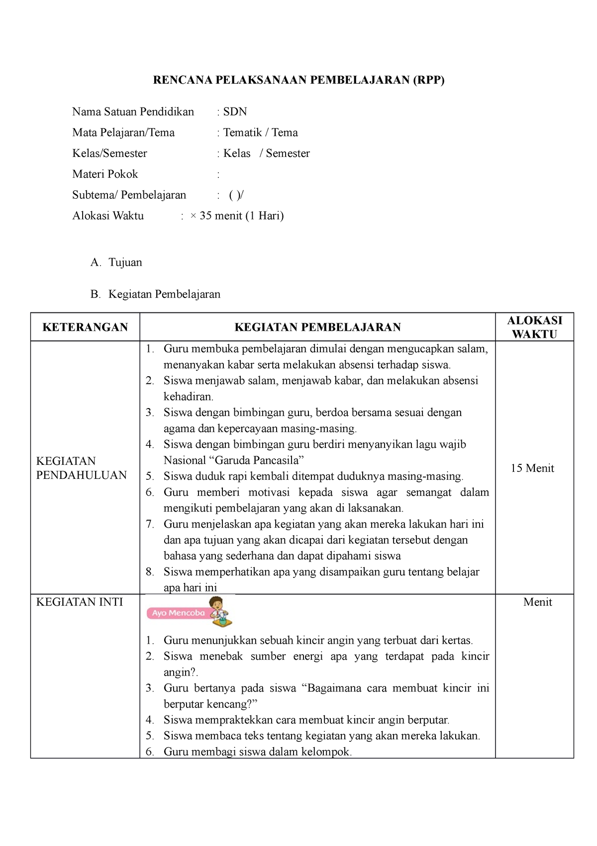 Format RPP Selembar - Rpp - RENCANA PELAKSANAAN PEMBELAJARAN (RPP) Nama ...