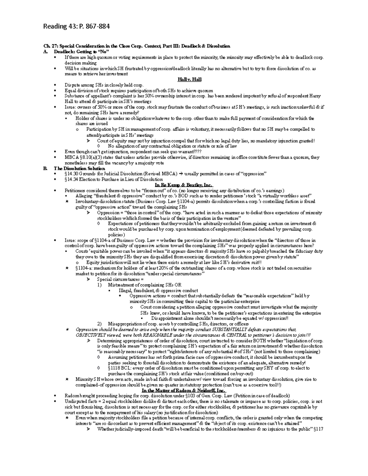 Reading 43 - Summary Business Organizations - Reading 43: P. 867- Ch ...