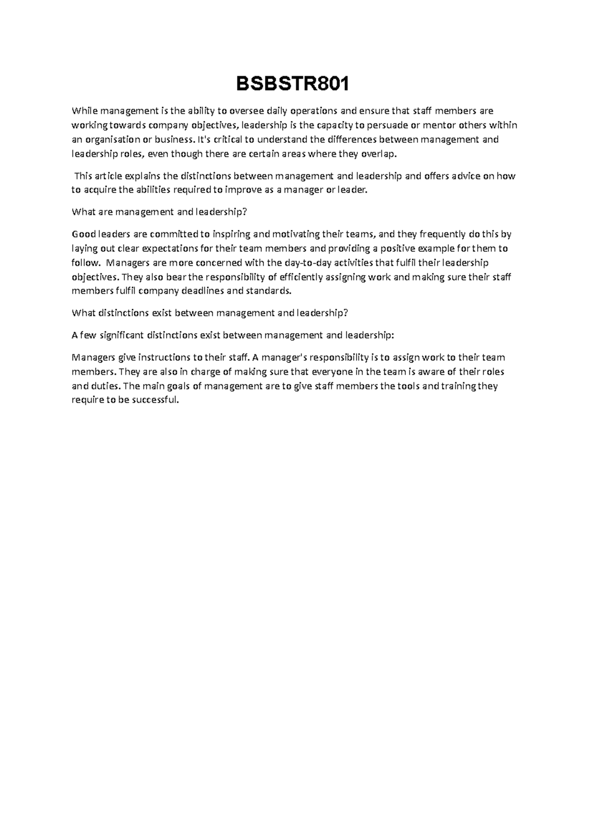 Bsbstr 801 - wold - BSBSTR While management is the ability to oversee ...