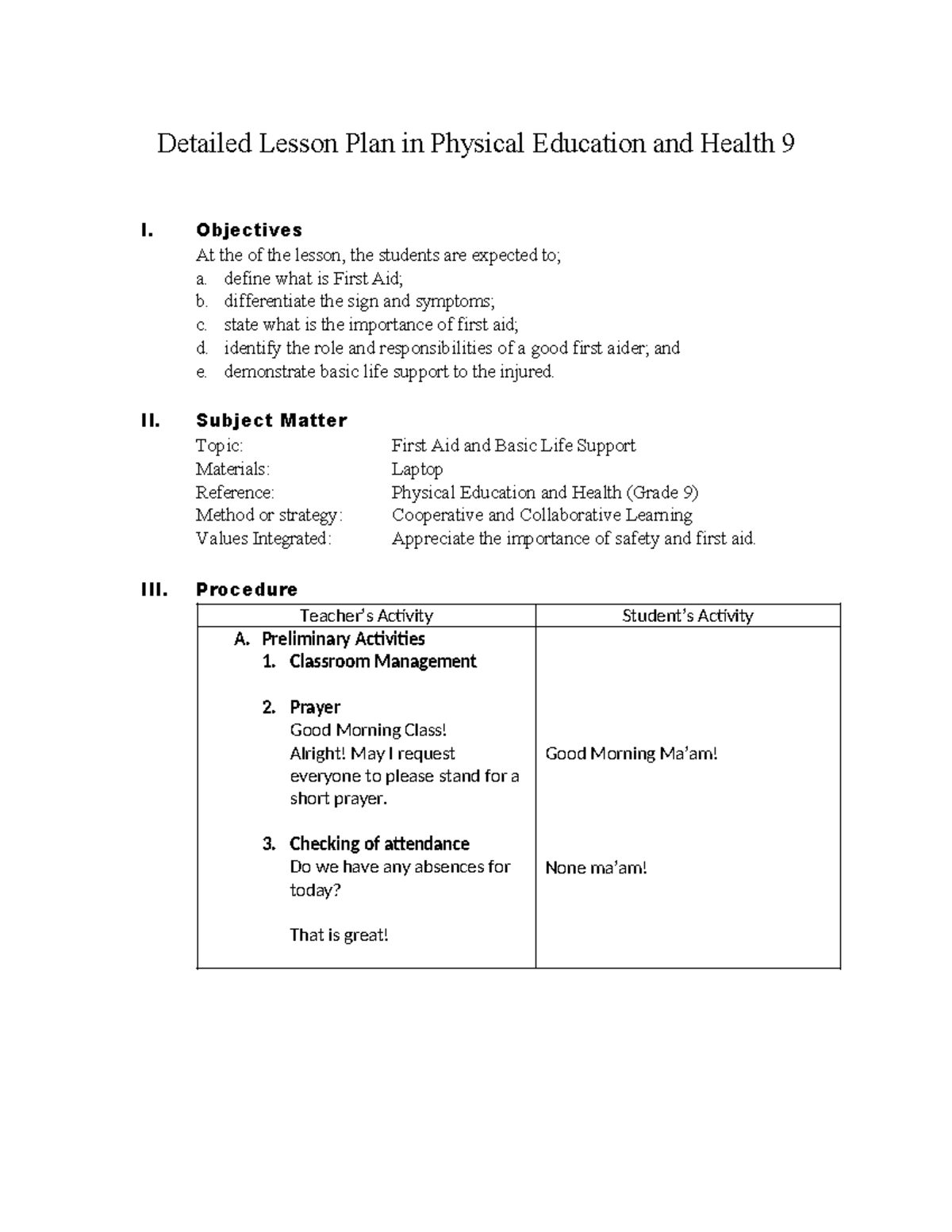 First Aid and Basic Life Support - Detailed Lesson Plan in Physical ...