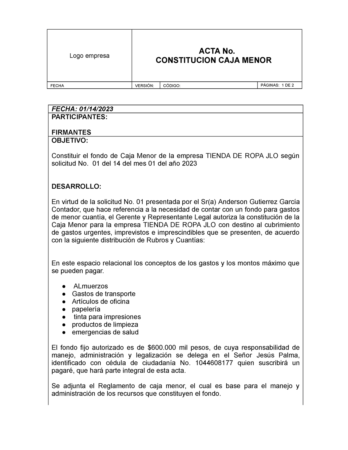 Modelo Acta Constitucioon Caja Menor Logo Empresa Acta No Constitucion Caja Menor Fecha