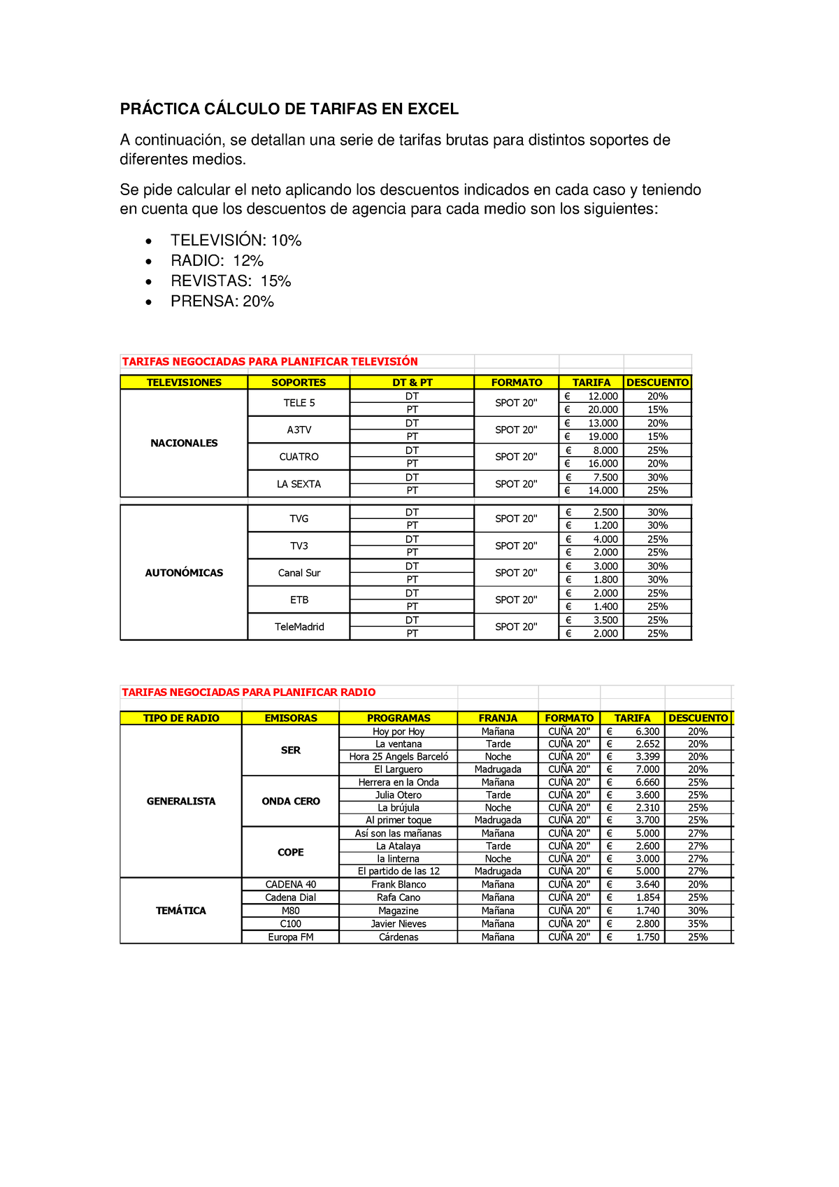 5 Cálculo De Descuentos PrÁctica CÁlculo De Tarifas En Excel A Continuación Se Detallan Una 1232