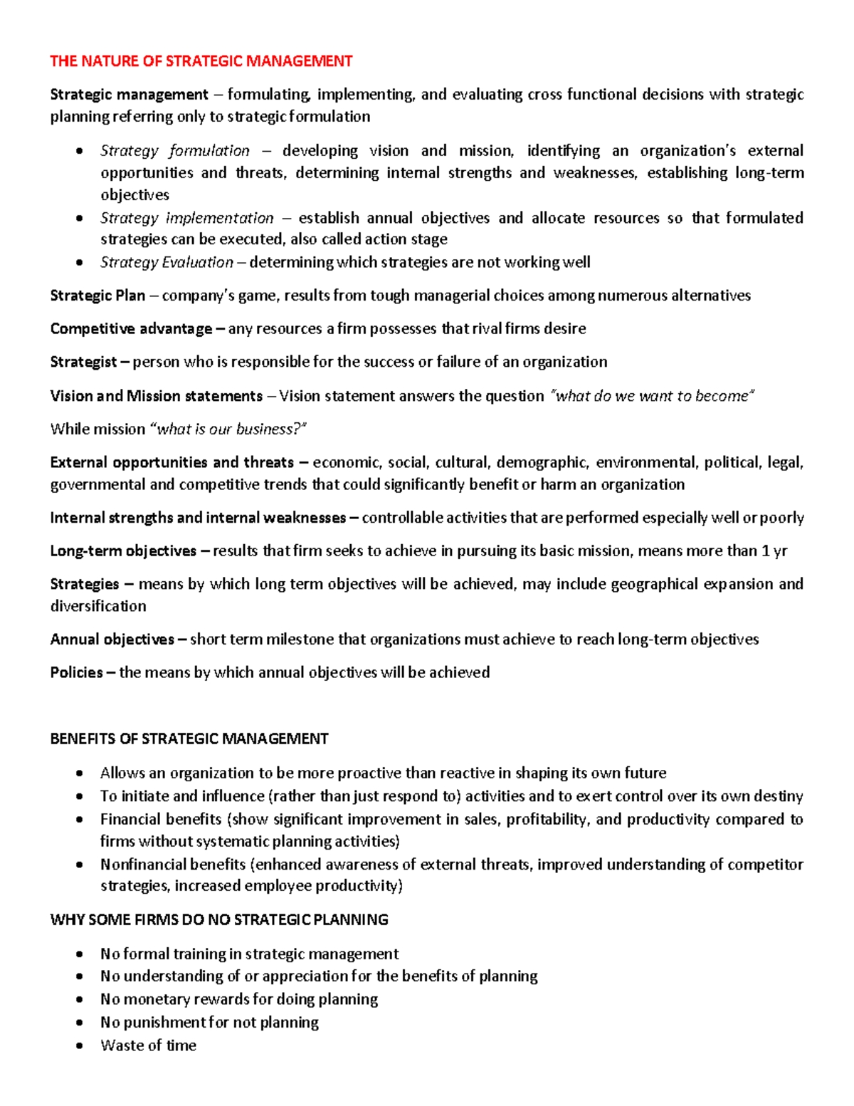 Strat summary - NOTES - THE NATURE OF STRATEGIC MANAGEMENT Strategic ...