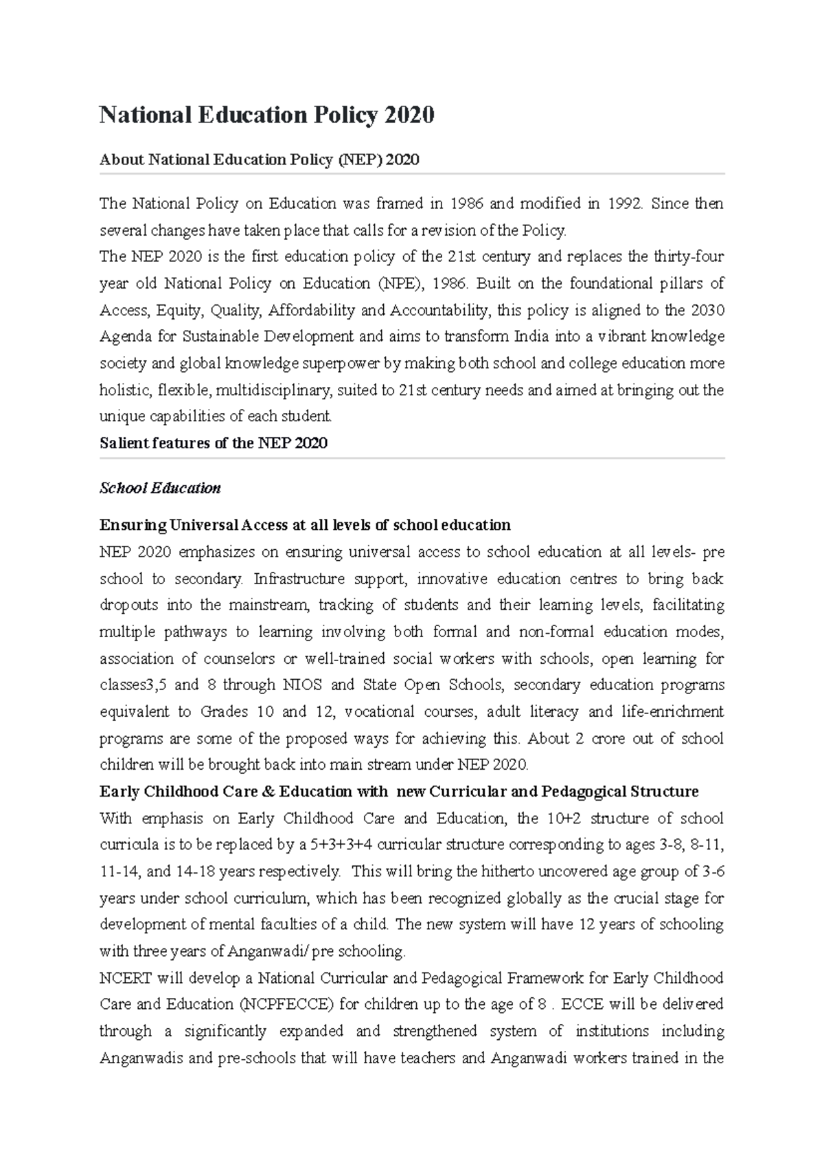 NEP 2020 - Grade: 7.5 - National Education Policy 2020 About National ...